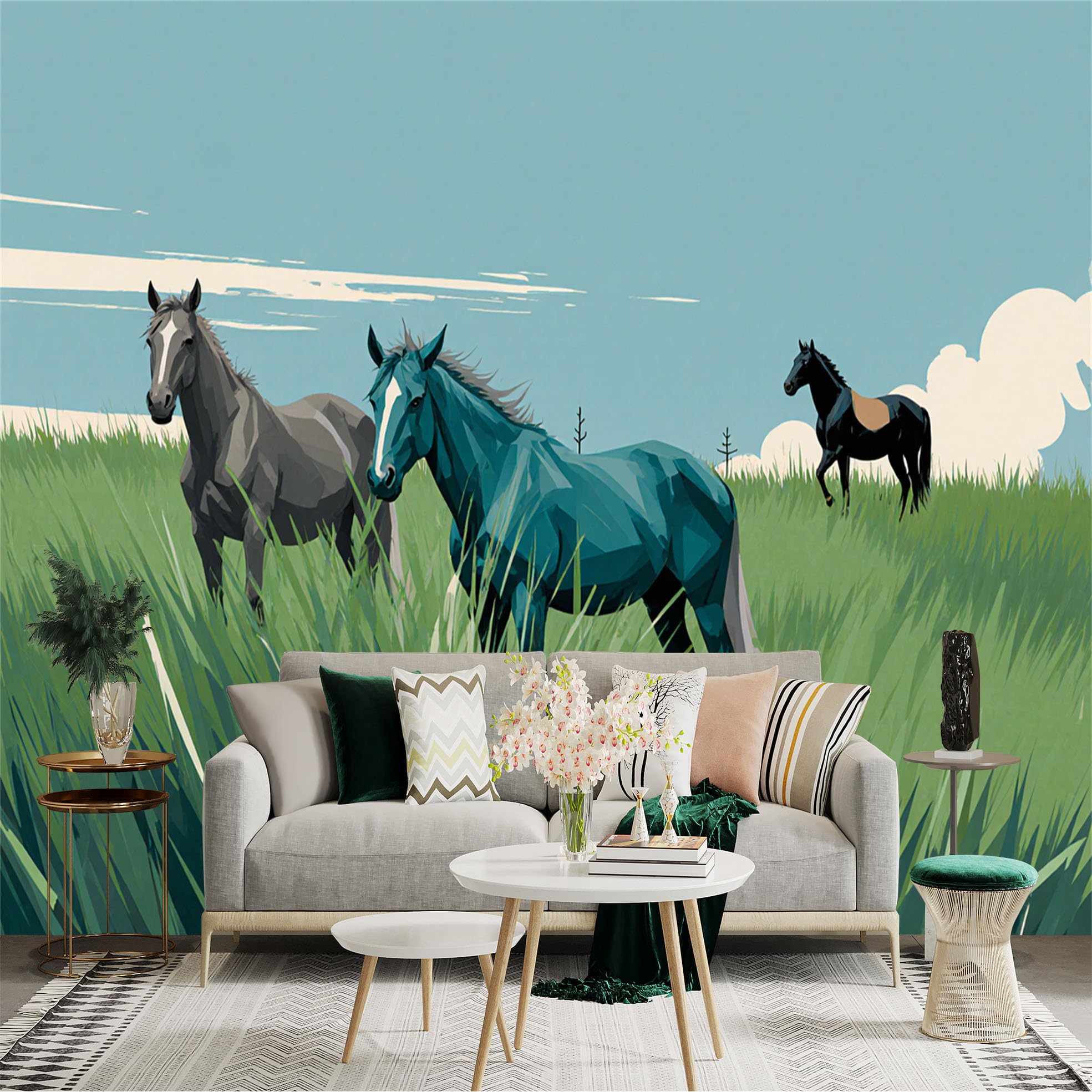 Lnzczhyre Xc260505479 Custom Size Wall Sticker Mural， Wild Horses In Meadow， Geometric Animal Art， Nature Landscape， Countryside Scenery， For Wall Decoration， Peelandstick Wall Decals.