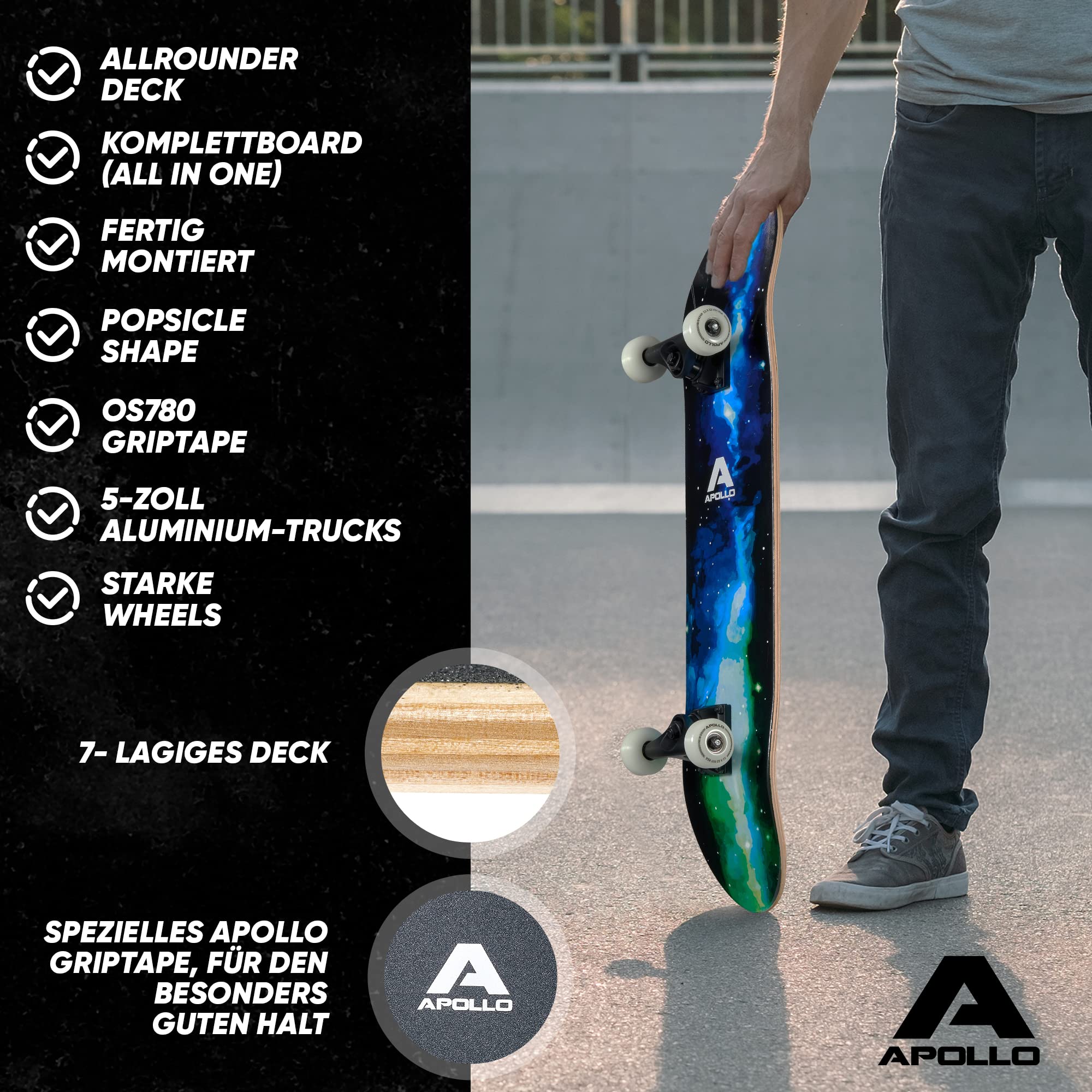 Apollo Skateboard | Cooles Kinder Skateboard und Profi Skateboard Erwachsene in Einem | 7-lagiges Skateboard Deck, trendig, Medium Concave, ABEC-7 Kugellager | Top Fahreigenschaften bei jedem Style