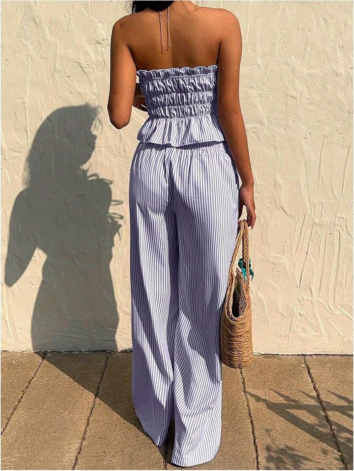 WDIRARA Women's Striped 2 Piece Pants Set Strapless Tie Bandeau Wide Leg Pants Outfits - Image 2