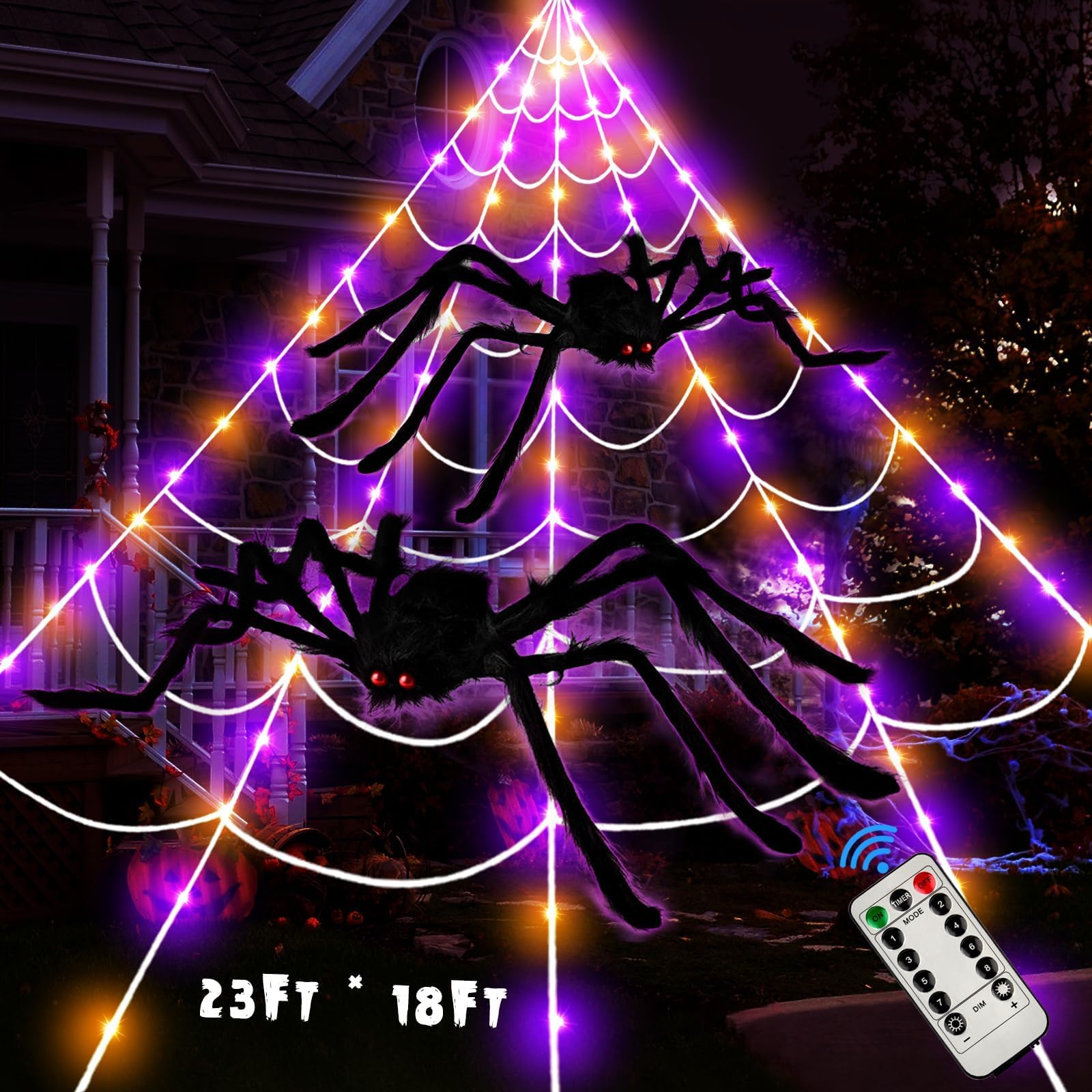 23Ft Giant Spider Web Halloween Decorations Outdoor Lights,180 Orange and Purple LED Light Up Giant Spider Web 60" & 36" Large Spider,8 Modes Lighted Decor for Outdoor Halloween Decorations
