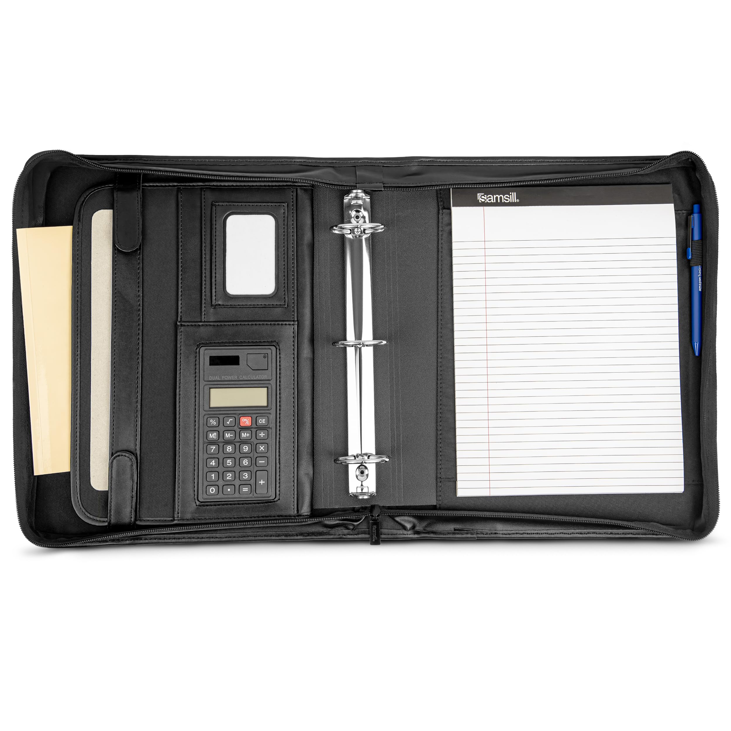 Samsill profesional funda de cartera con cierre de cremallera, tamaño de letra 2 asas, anillas extraíbles, retráctil, bloc de notas, interior Funda para Tablet 10.1 Pulgadas, Negro