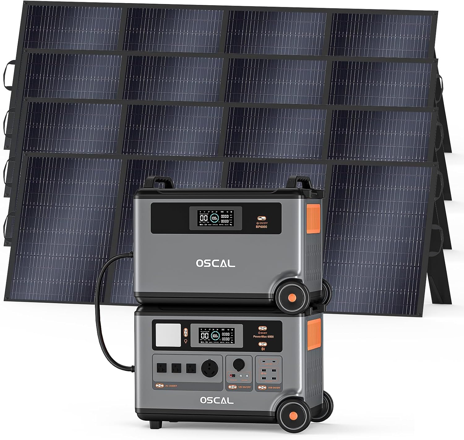 OSCAL PowerMax 6000 Solar Generator, 3600Wh LFP Battery Power Station, Expandable to 57.6kWh, 120/240V Split Phase Voltage 6000W AC Outlets (9000W Peak), 2200W/1.96H Fast Charging, Emergency for Home
