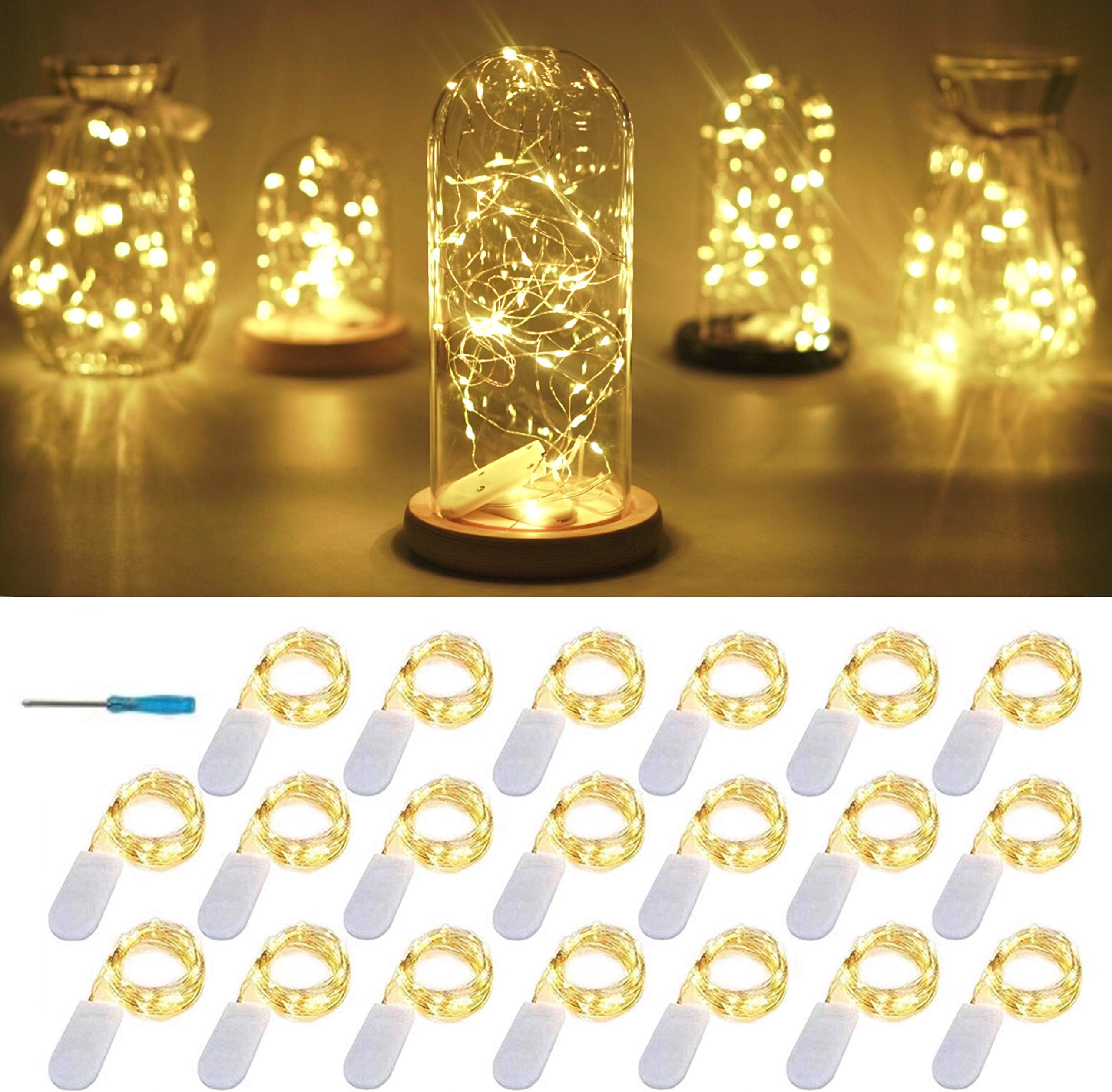 20 Packs Fairy String Lights, 6.6FT 20 LEDs Battery Operated Silver Copper Wire Starry String Light for DIY Party Christmas Costume Wedding Easter Table Decorations (Warm White)