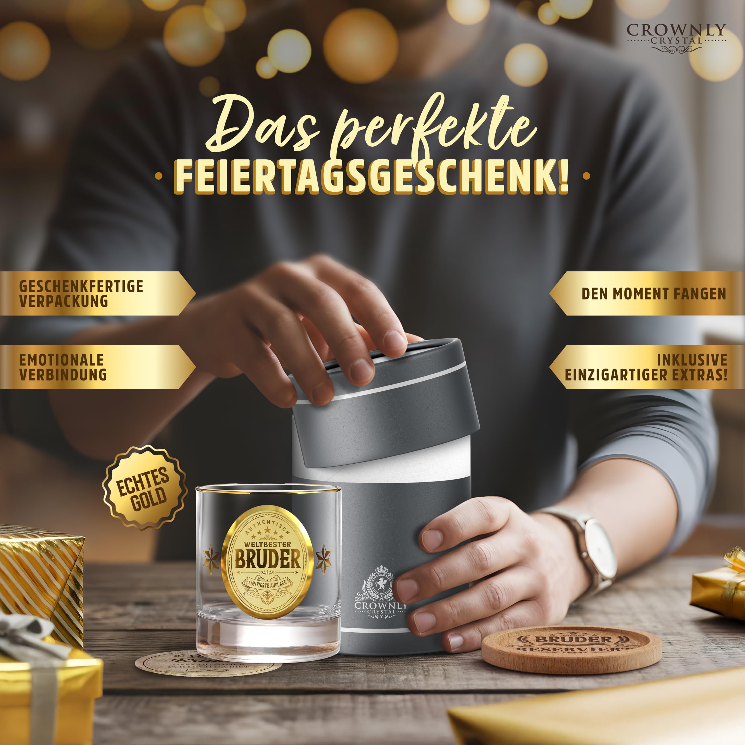 CROWNLY CRYSTAL® Geschenk für Bruder Whiskyglas Personalisierte Geschenke Geburtstagsgeschenk Mit Gravur