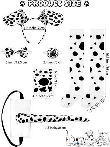 Miniatura 3 de SOMSOC Juego de 8 piezas de disfraz de perro dálmata 101 día de escuela camiseta de 100 días calcetines de rodilla diadema cola tatuaje calcomanías