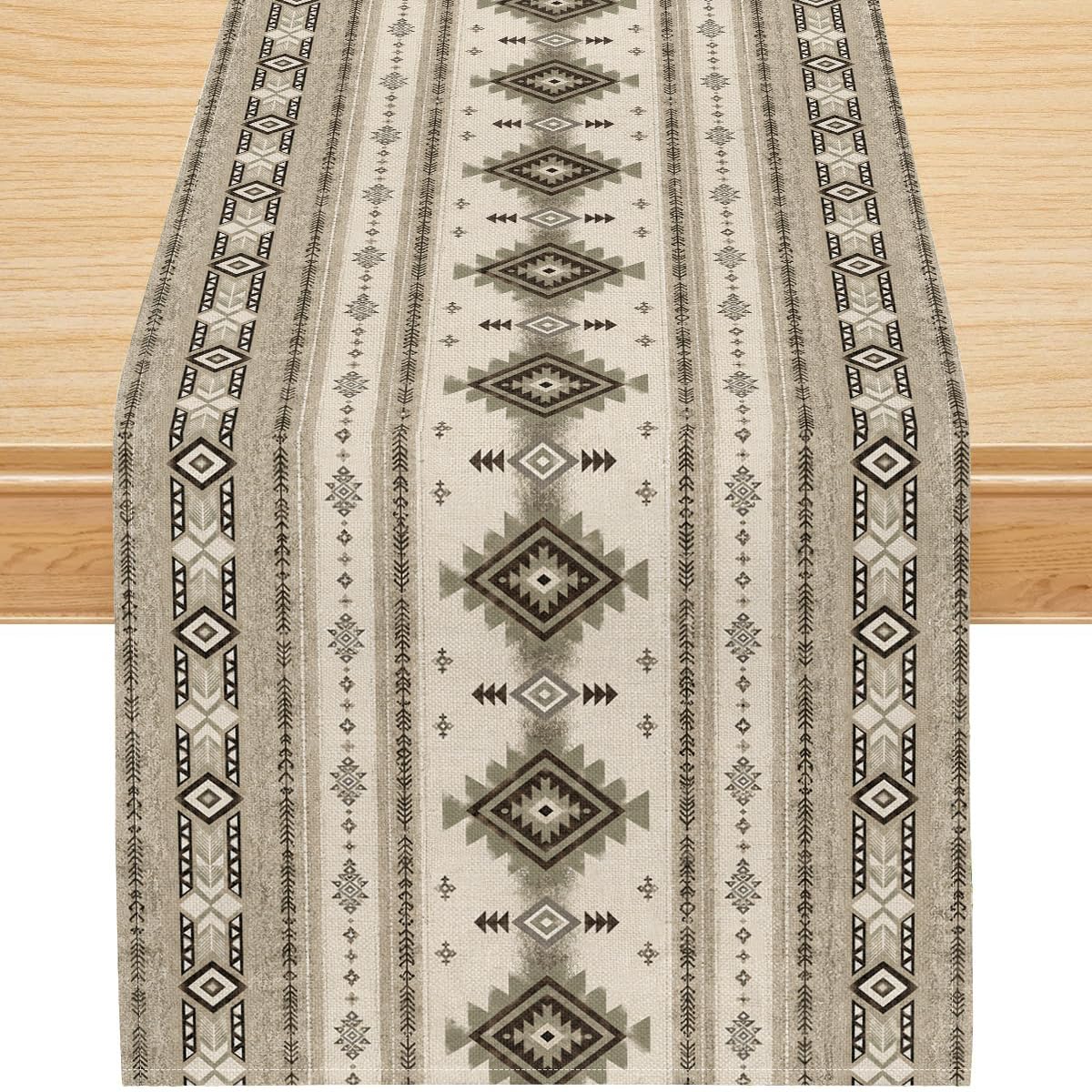 Boho Geometric Aztec Table Runner, Southwest Aztec Tribal Pattern Linen, Rustic Dining Table Decor for Farmhouse Kitchen 13x72 Inch