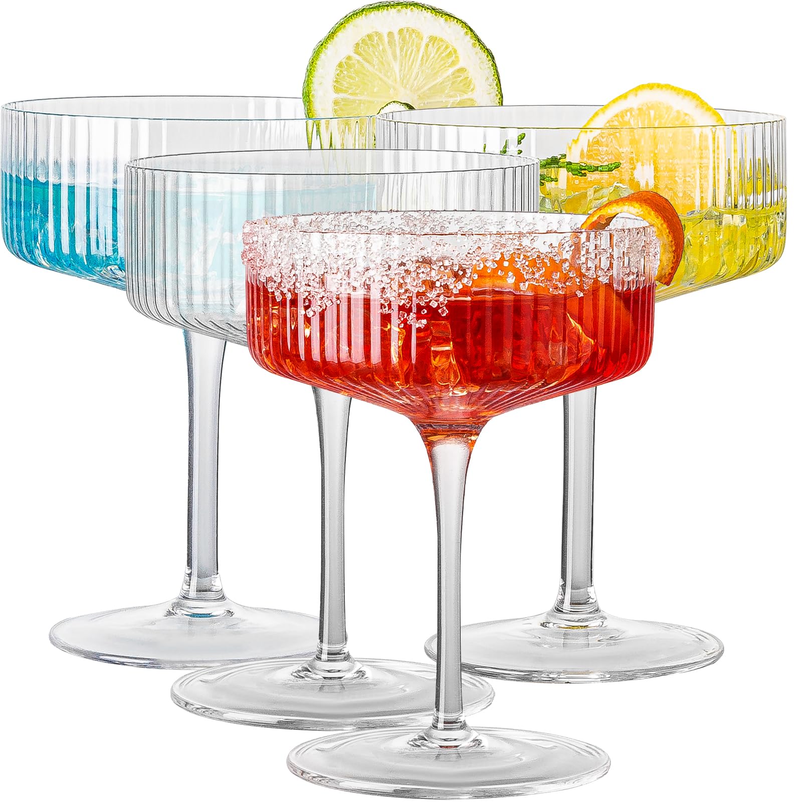 Vintage Art Deco Coupe Glasses, Set of 4 Ribbed Coupe Cocktail Glasses, 10 oz Classic Martini Glasses, Elegant Hand Blown Manhattan Goblet for Bar, Martini, Cosmopolitan, Gimlet, Pisco Sour