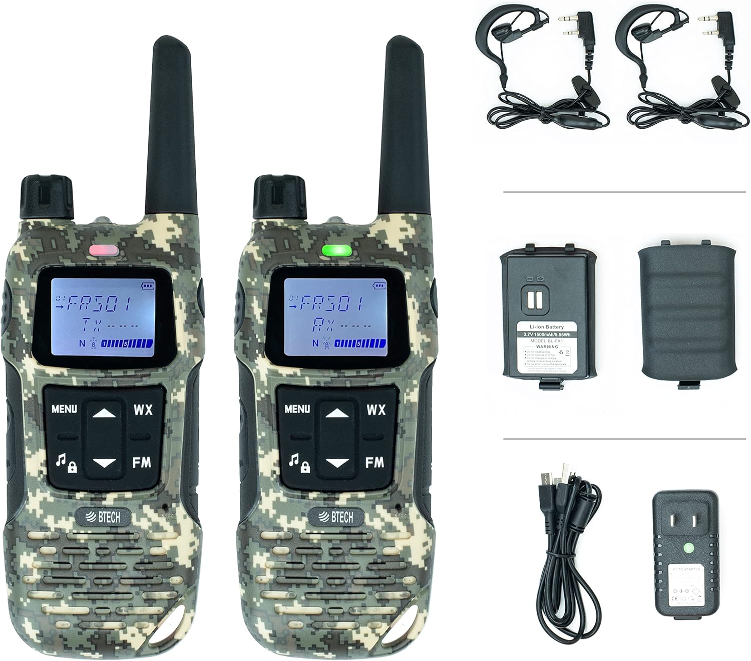 BTECH FRS-A1 2 Pack FRS CAMO Walkie Talkies, NOAA, High Output Two-Way Radio. USB-C Charging, Built in Flashlight, FM Radio, NOAA, and More