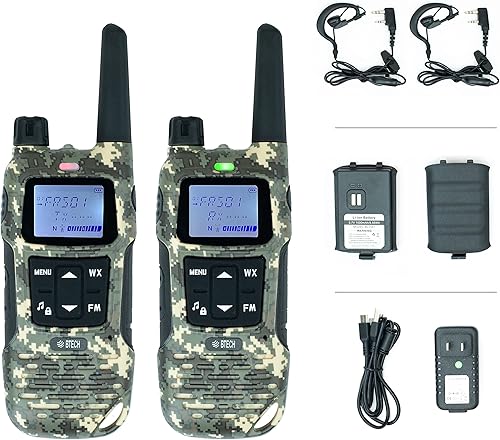 BTECH FRS-A1 - Juego de 2 walkie talkies FRS CAMO, NOAA, radio bidireccional de alta salida. Carga USB-C, linterna integrada, radio FM, NOAA y más