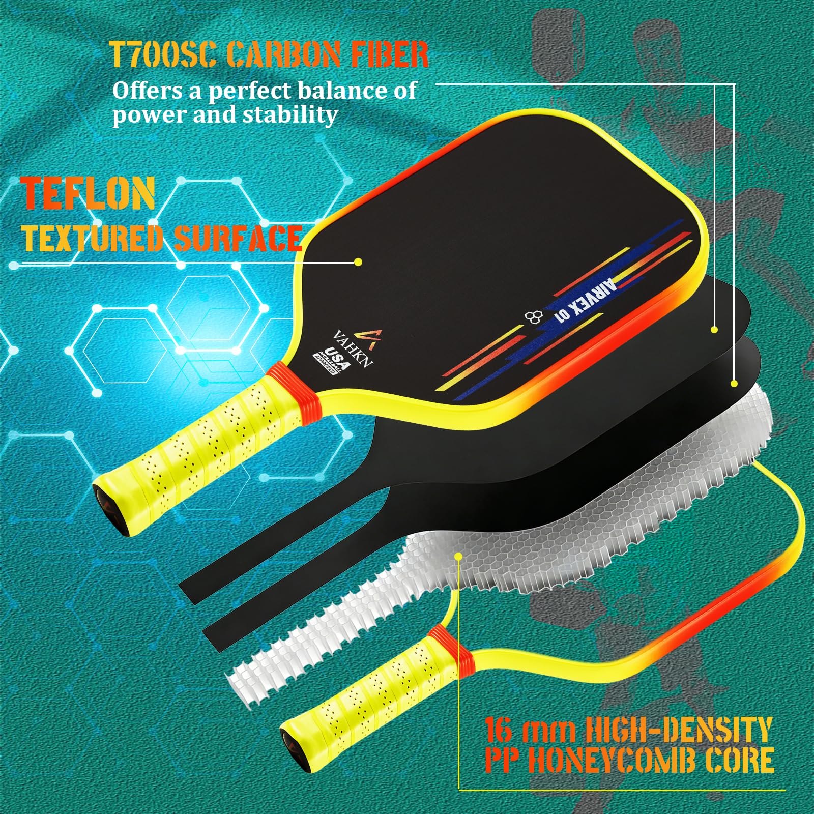 USAPA Approved T700 Raw Carbon Fiber Pickleball Paddle With A Rev-Core Power Polymer Core, Charged Carbon Surface, 16mm Paddle Ultimate Spin, Control - View #2