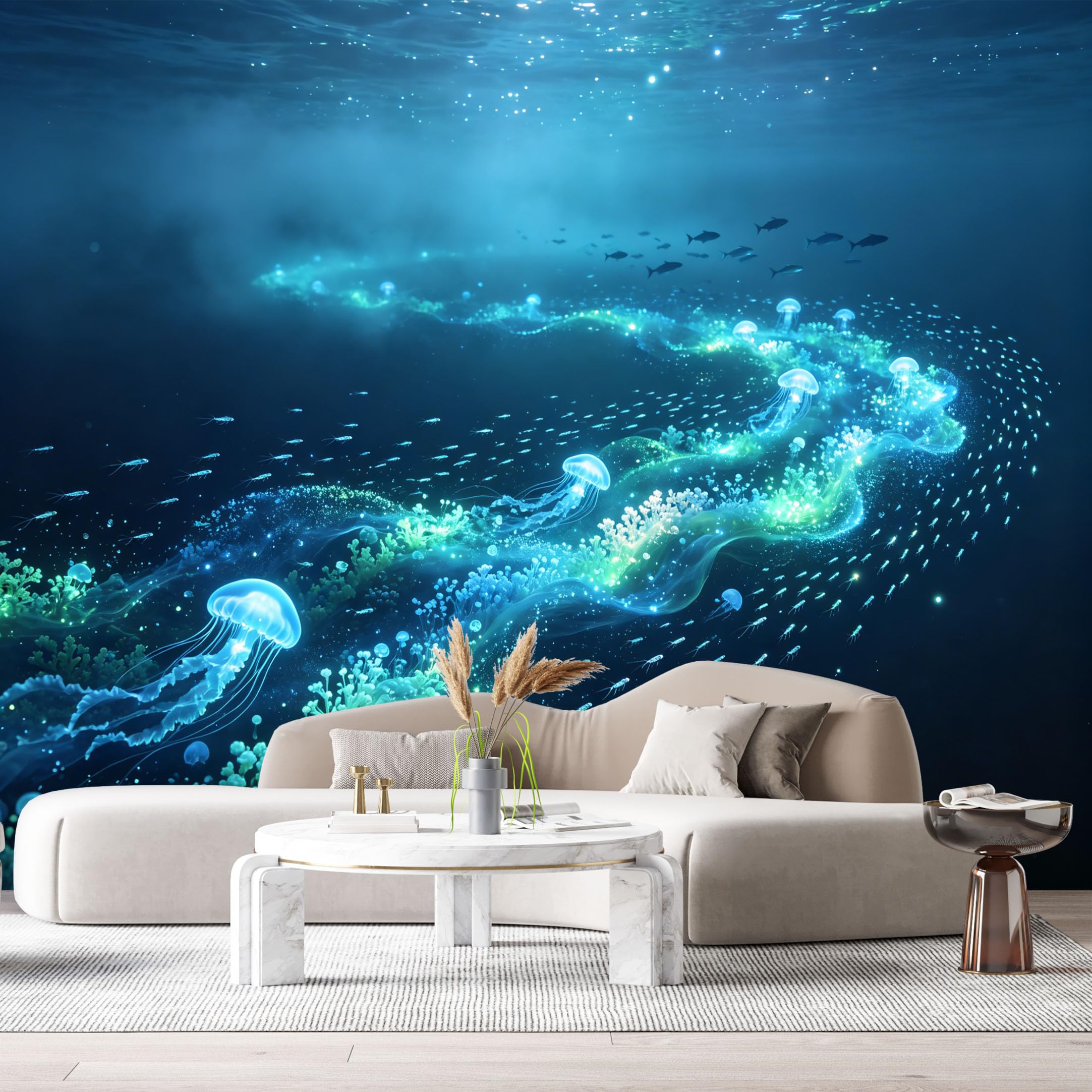 Custom Size Wall Murals Glowing Jellyfish Ocean Marine 3D Trompe L'Oeil SelfAdhesiveWall Fabric Removable Wallpaper Wall Decor for Living Room Bedroom Bathroom