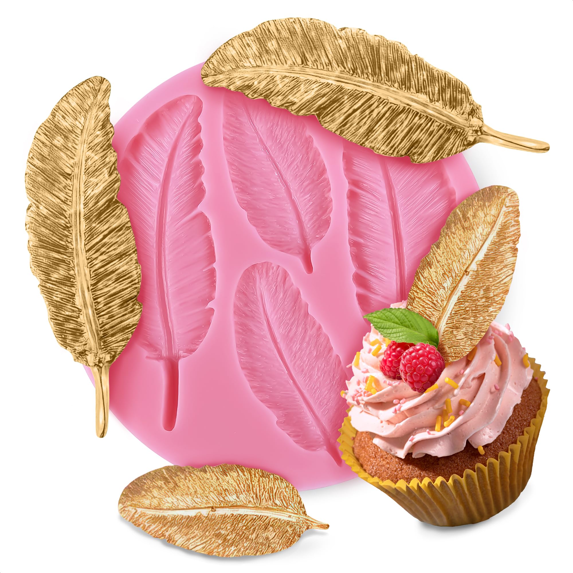 Feather Mold Silicone – Feather Chocolate Mold – 0.3" Thick Pink 3D Design, Different Sizes of Feathers, Easy to Use, Flexible & Reusable, Works with Various Materials | for Pastry Cake Decorations