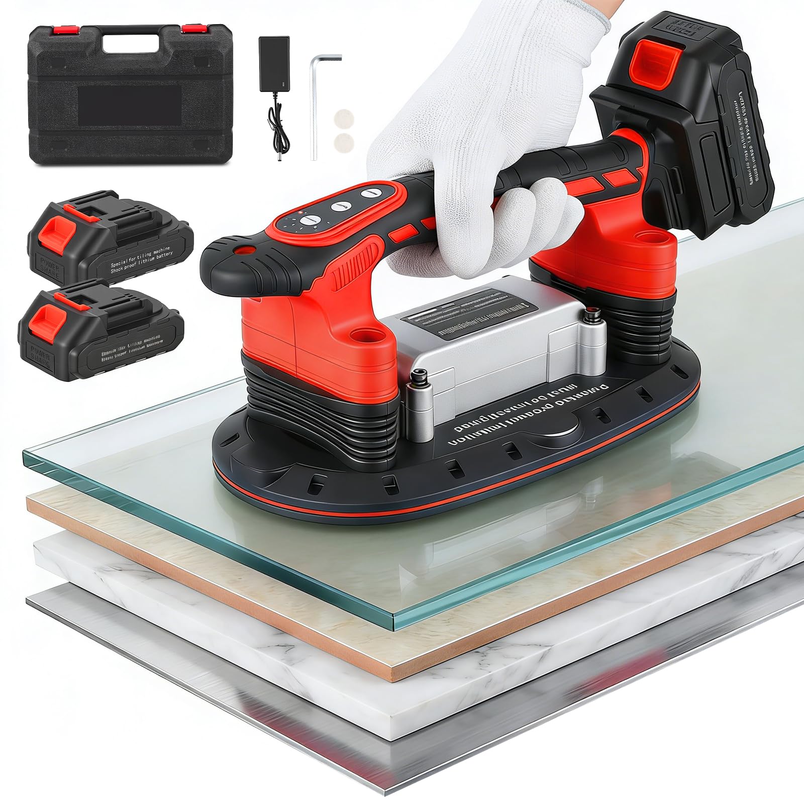 2 en 1 Herramienta de vibración para azulejos sin cables, ventosa potente y 6 velocidades ajustables, 2 baterías de 2500 mAh, 24000 RPM, para instalar azulejos, mármol, vidrio y madera