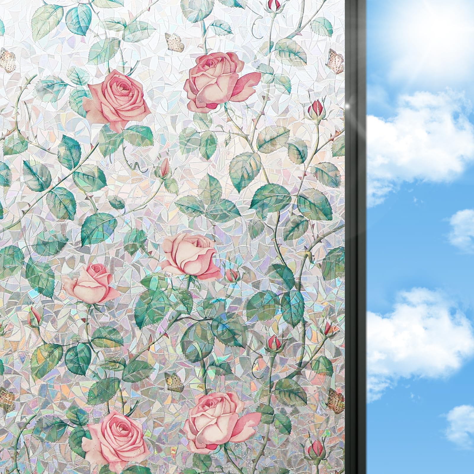 ConCus-T Rose Window Film Privacy Static Cling Glass Covering, 44.5x200cm