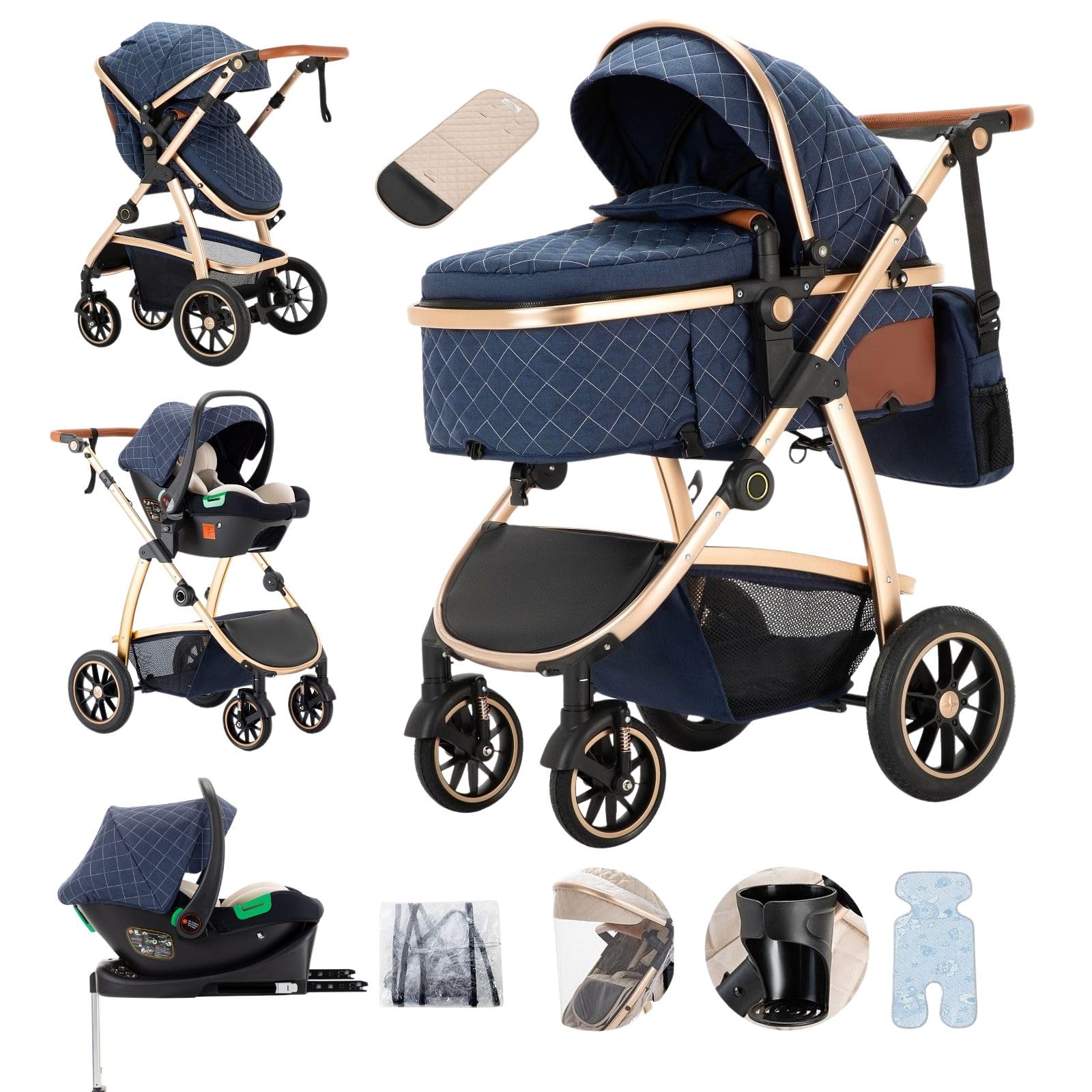 Kinderwagen 3 in 1 Baby Born mit ISOFIX Basis & Babyschale, Bergsteiger Stroller, klappbar, 5-Punkt-Sicherheitsgurt, 22 kg, Blau