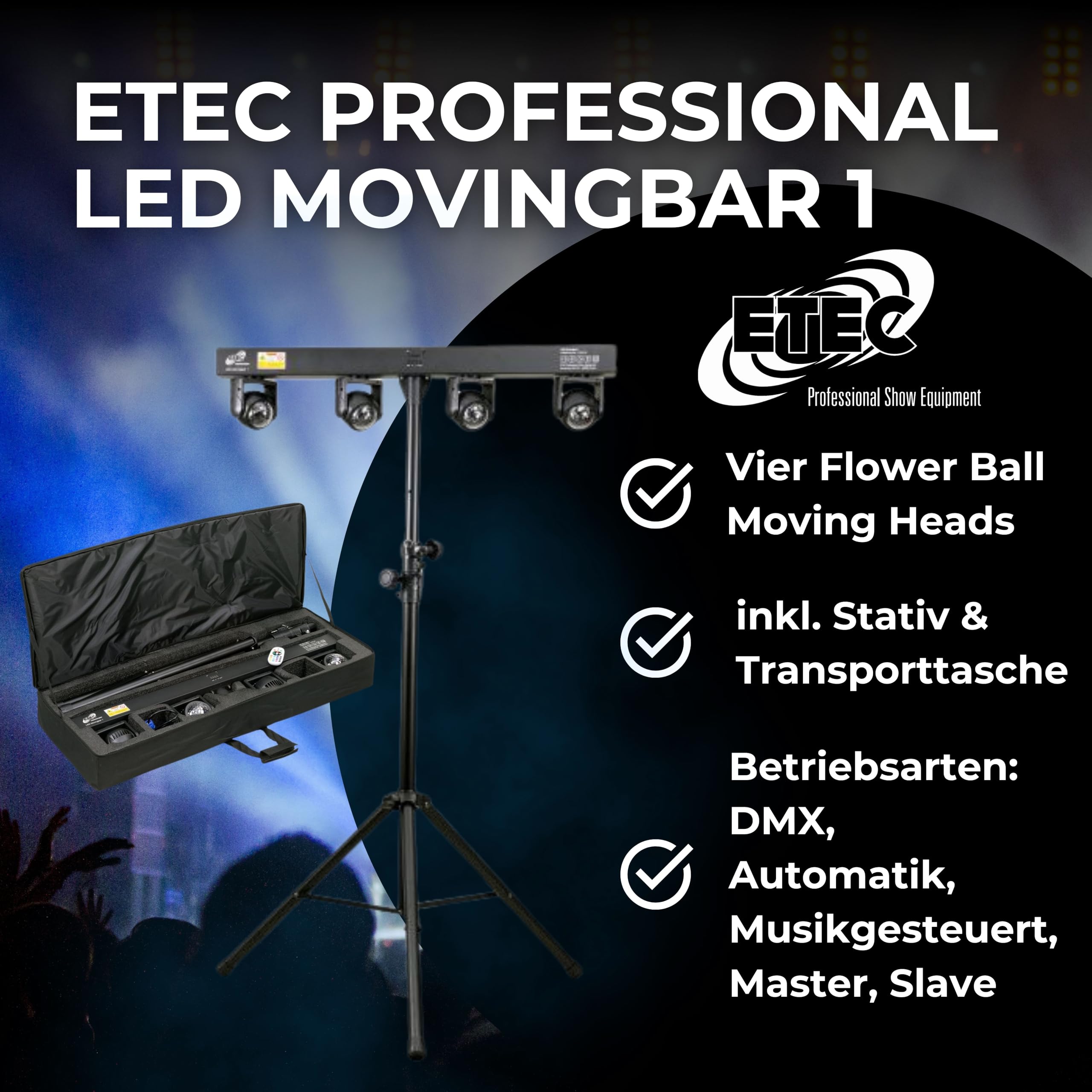 ETEC Professional LED Movingbar 1-12W RGBW Moving Heads, 4W RGBW Wash & 50mW Disco Effekt - DJ Equipment für Partylicht, Disco Licht, Bühnenbeleuchtung & Ledshows