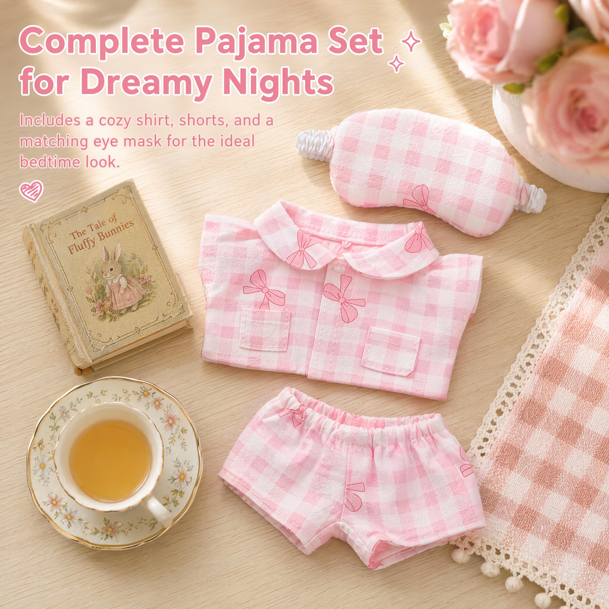 Set pigiama per bambole con fiocco rosa e maschera per gli occhi, in morbido peluche, adatto per bambole Labubu da 17 cm