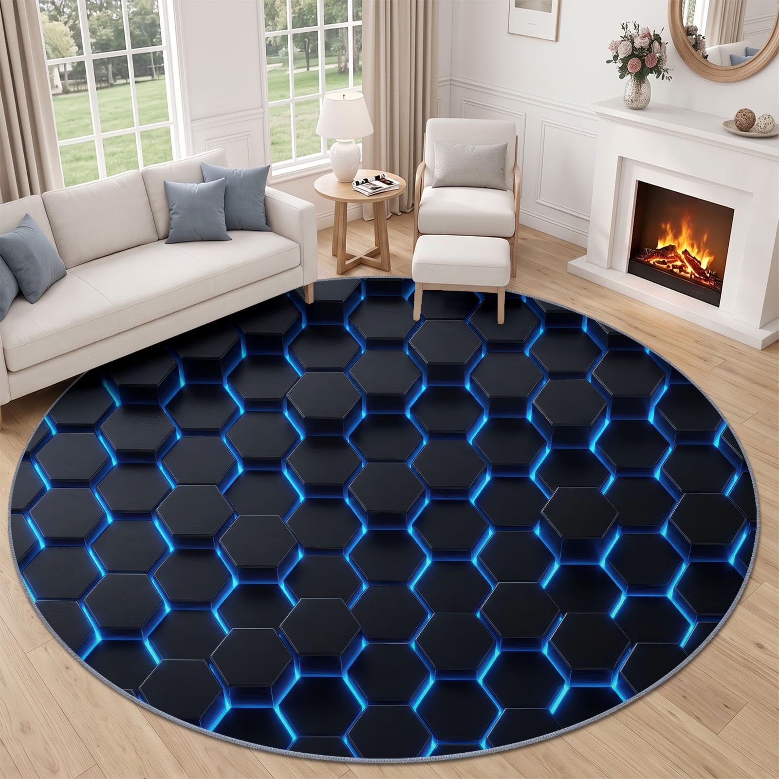 Generisch Kunst Teppich Rund 245 cm, Waschbare Teppiche, Moderne 3D-Metallische Hexagone Runder Teppiche, rutschfest Carpet, Bedruckter Teppich Schlafsaal, Schwarz Blau