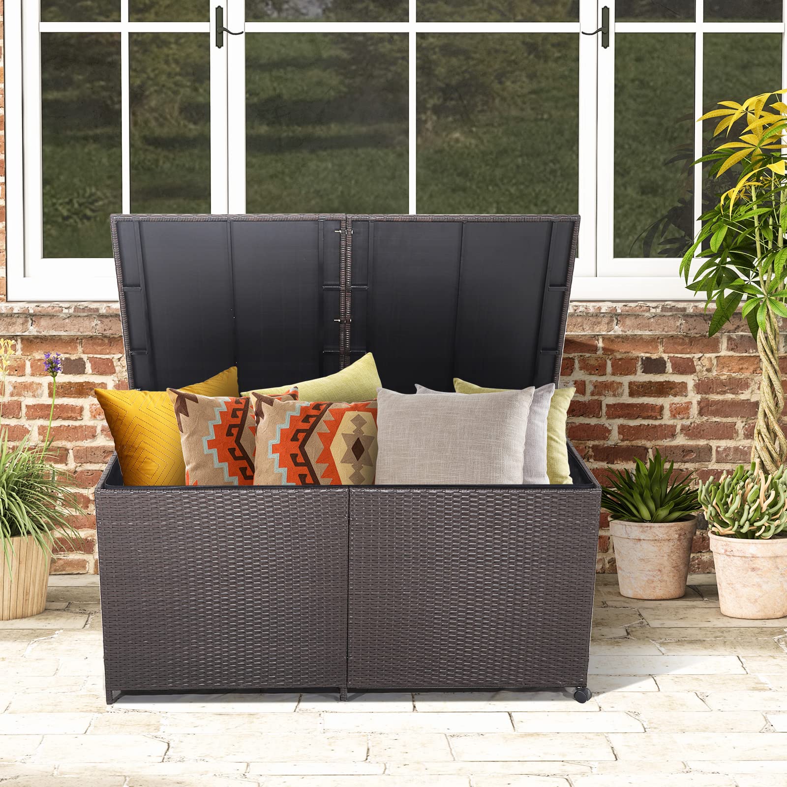 GIANTEX Contenitore per cuscini in rattan, 662 litri, con coperchio, con 2 ruote e manici, resistente alle intemperie, con tasca interna, con molla a gas, 150 x 77 x 72 cm