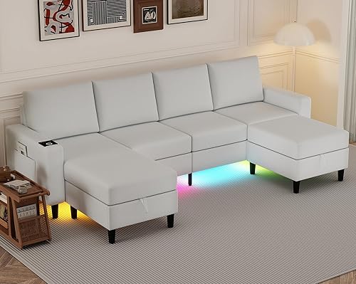 Miniatura 17 de Sofás seccionales para sala de estar, sofá seccional de 4 asientos con módulo inteligente - carga inalámbrica/USB/Type-C/luz RGB, sofá en forma de U