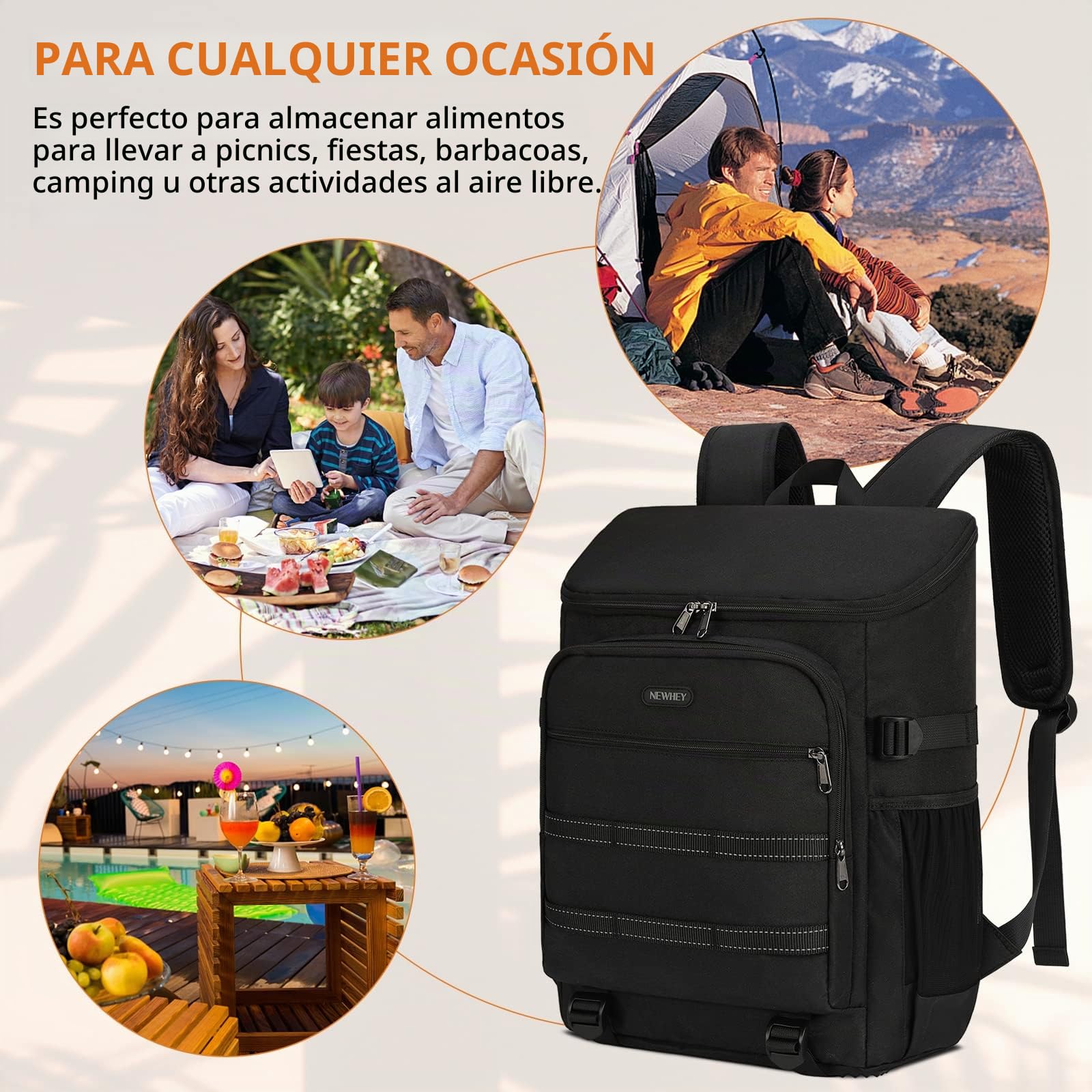 NEWHEY 30L Mochila Nevera Impermeable Mochila de Refrigeración Bolsa Térmica Aislada Grandes Alimentos Mochilas de Picnic Almuerzo Ligera Acampar Barbacoa Senderismo Negro