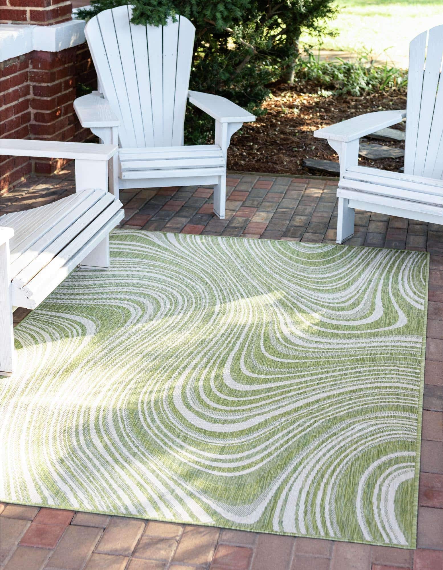 Unique Loom Outdoor Modern Collection Area Rug - Pool (9' x 12' Rectangle, Green/ Ivory)