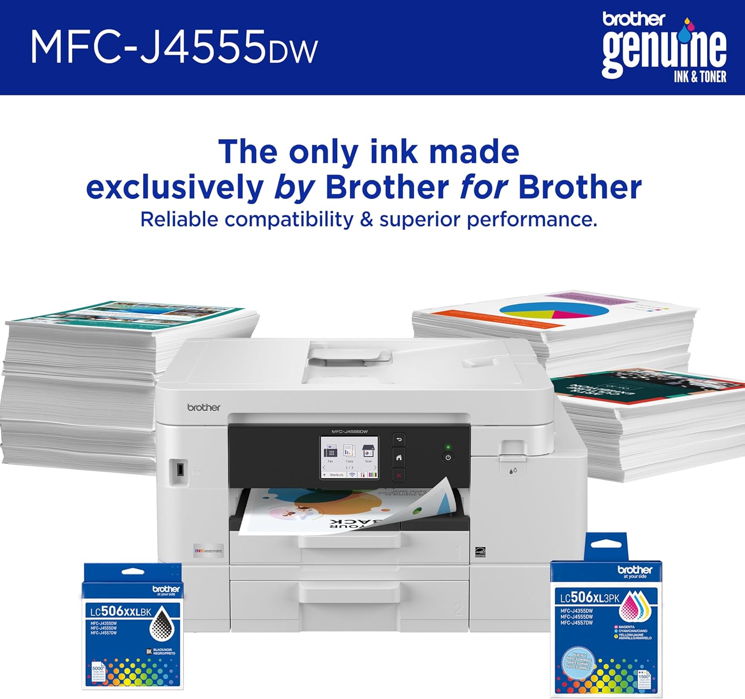 Brother INKvestment 4555 Wireless Color Inkjet All-in-One Printer with 2.7” Color Touchscreen and 2 Paper Trays | Includes Refresh Subscription Trial(1) (MFC-J4555DW)