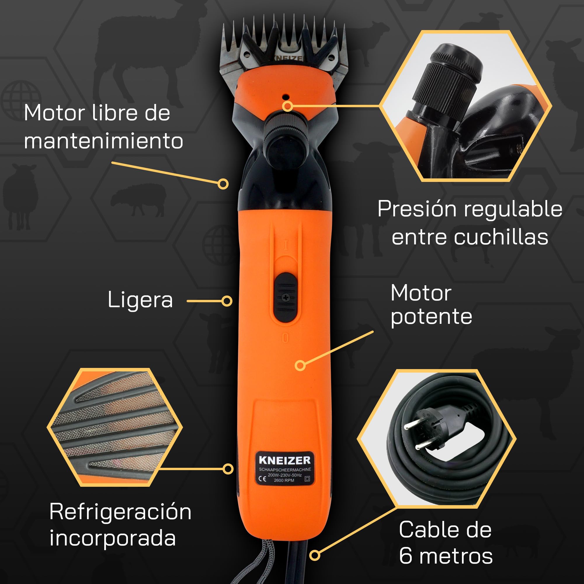 Esquiladora eléctrica para ovejas - Para todas las razas y pelajes de oveja - Cuchillas intercambiables - Motor potente - Baja vibración y muy silencioso - Sin mantenimiento