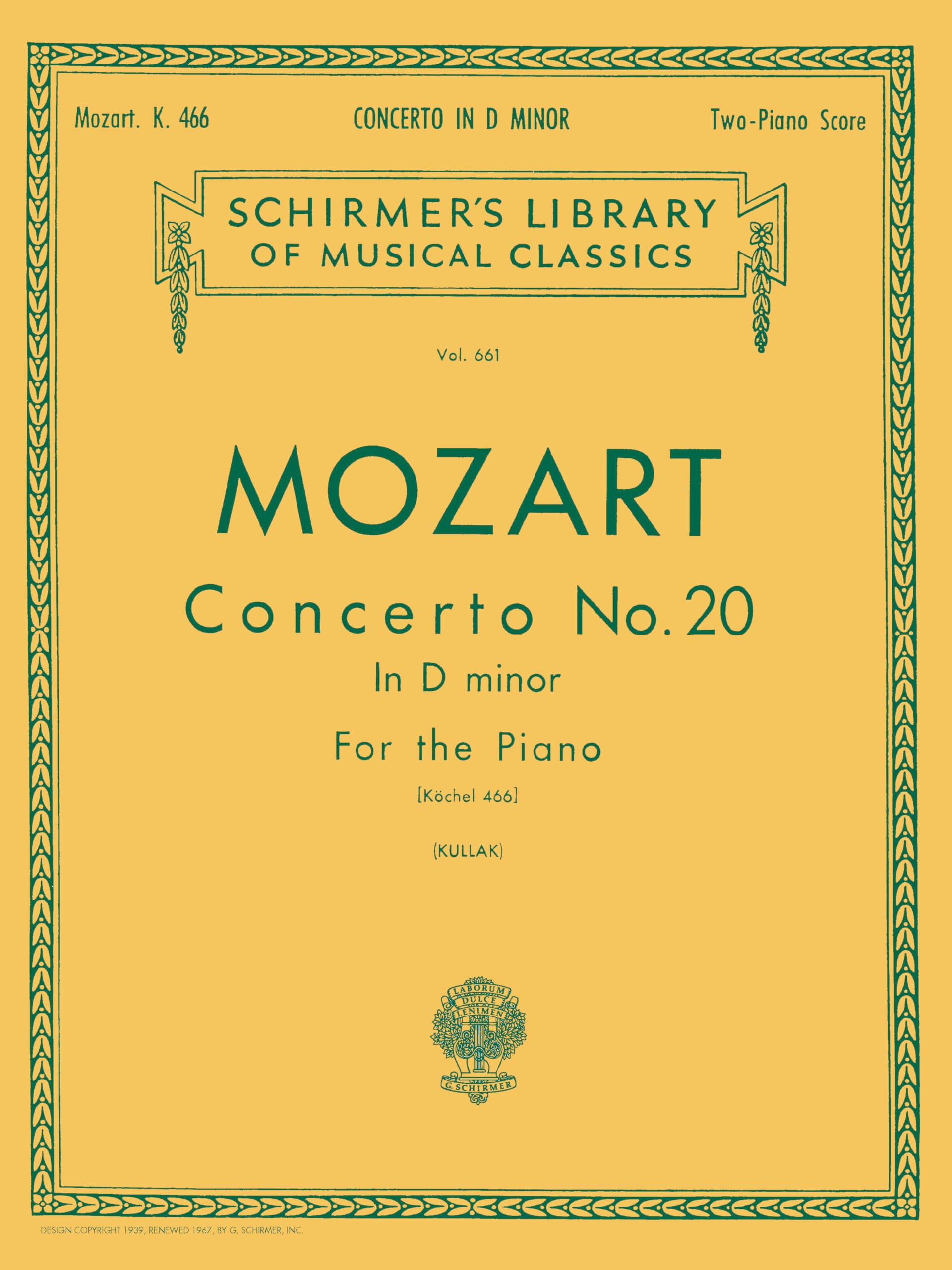 W.A. Mozart Piano Concerto No. 20 In D Minor K.466 (2 Piano Score): Two Pianos, Four Hands