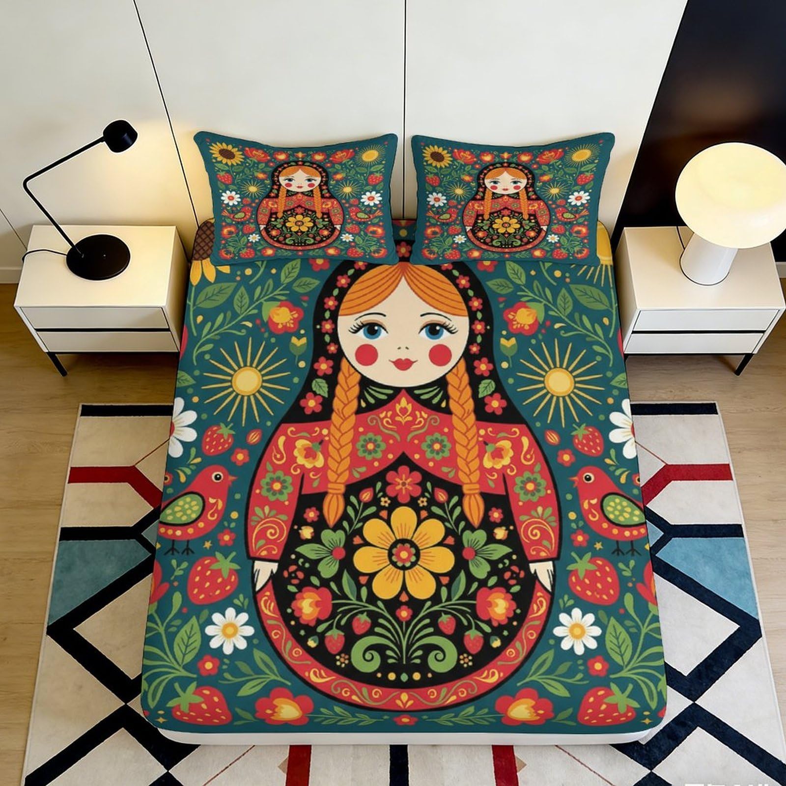 3D Printed Matryoshka Doll Fitted Sheet Microfiber Bright Floral Russian Pattern Mattress Cover Bedroom Decor 90x200x25cm