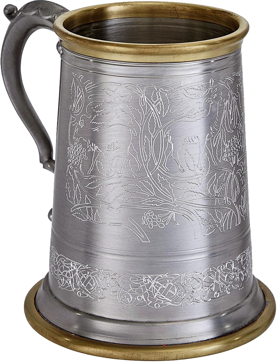 Pewter Brass Rim Tankard 1 Pint Viking Norse Artwork Design Antique Pewter Finish Scroll Handle Pure Beer Tankard Personalised Gifts for Men and Women