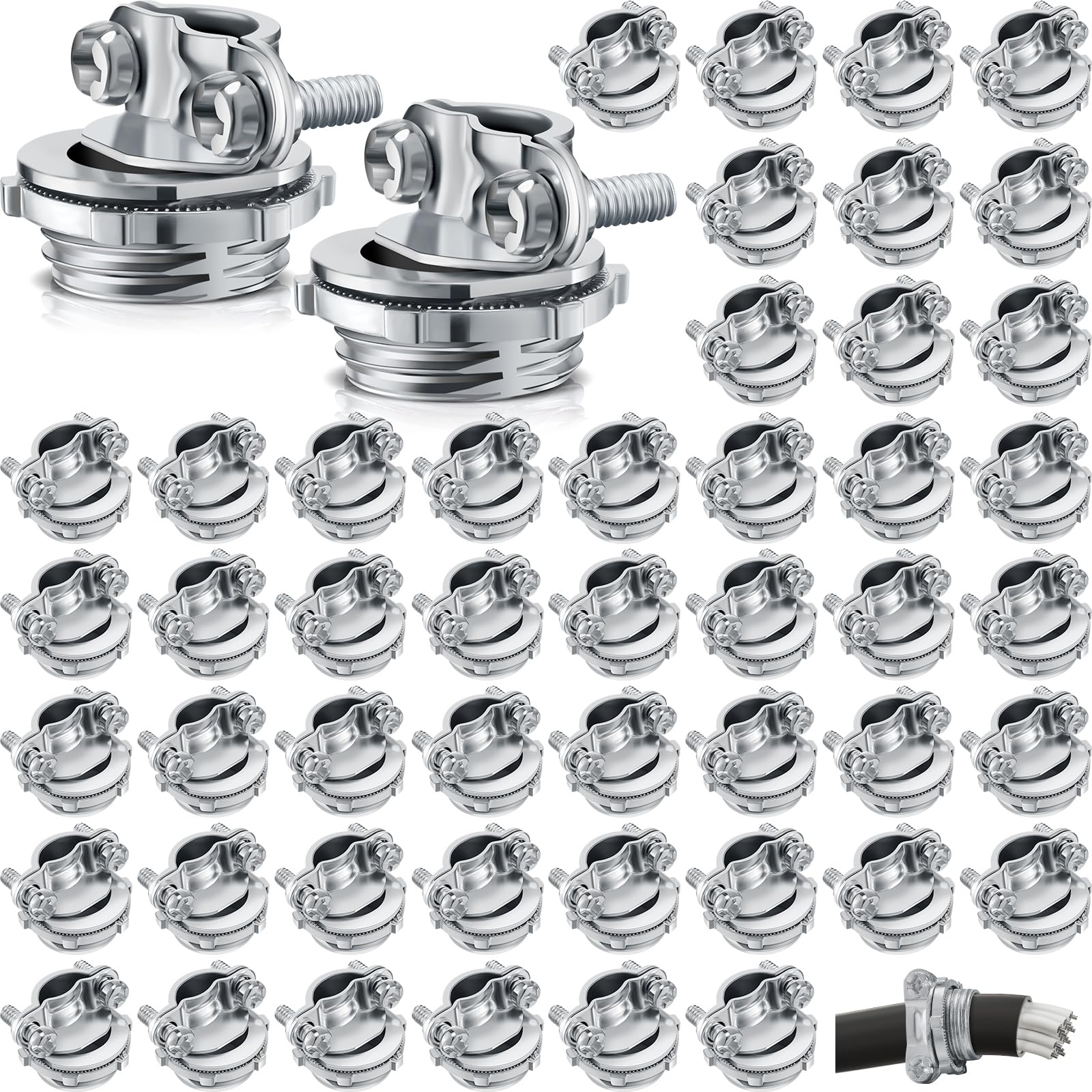 Blulu 50 Pcs Clamp Type Cable Connectors Conduit Clamp for Electric Wires Metallic Conduit Protect Cables Silver Zinc (1/2 Inch, 1/2 Inch)