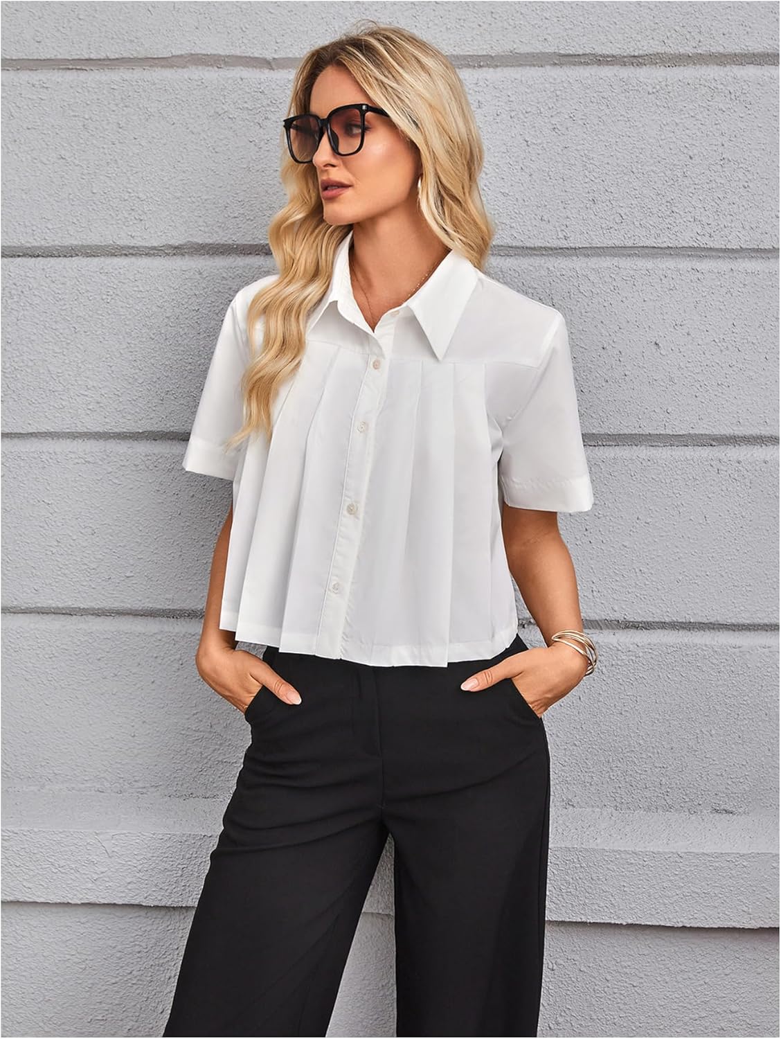 SweatyRocks Women's Pleated Button Down Blouse Short Sleeve Loose Cropped Shirt Tops - Image 4