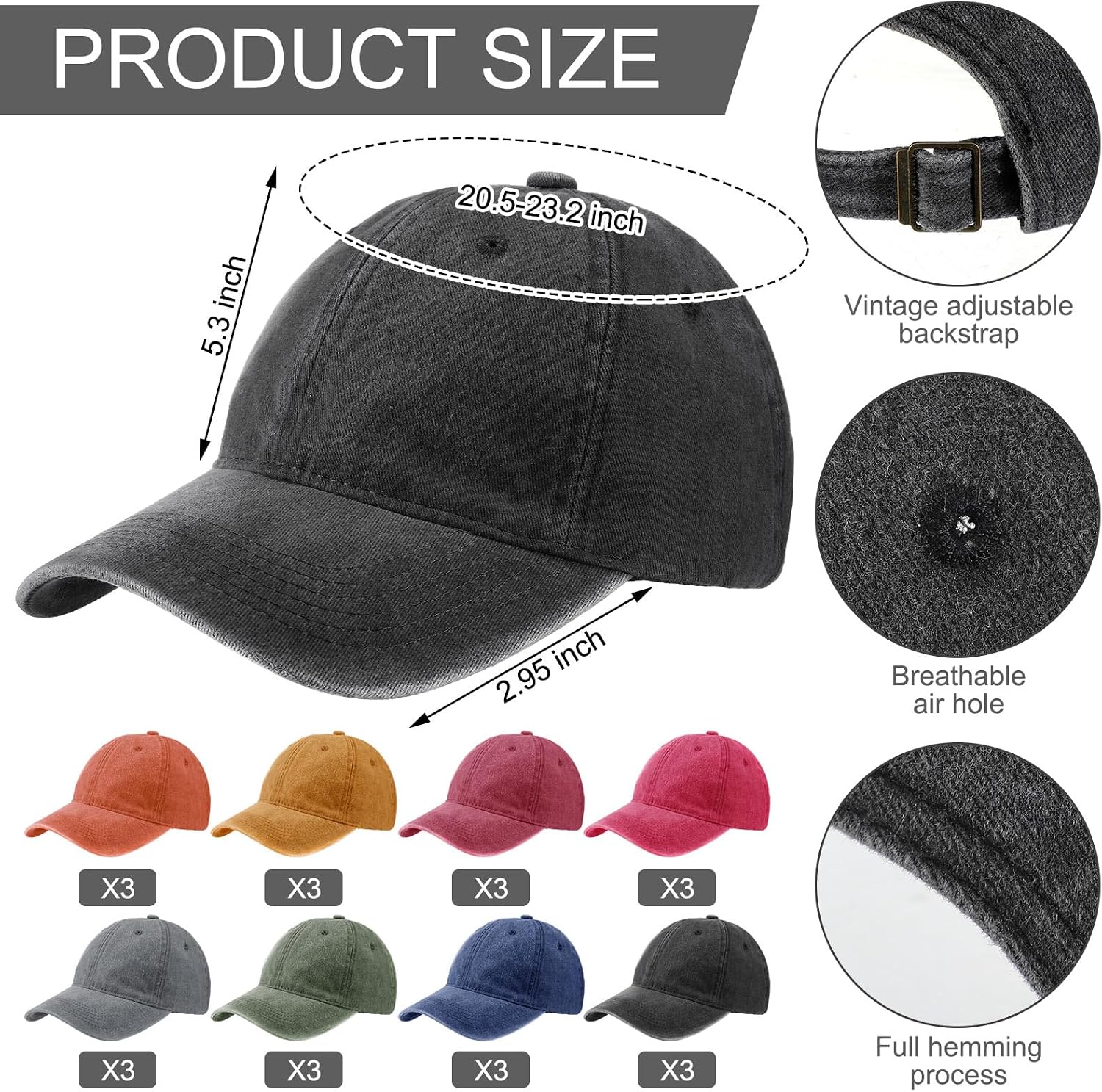 Sureio 24 Pcs Distressed Baseball Caps Bulk for Women Men Vintage Washed Cotton Adjustable Baseball Cap Trucker Hats Golf Hat for Outdoor Sports