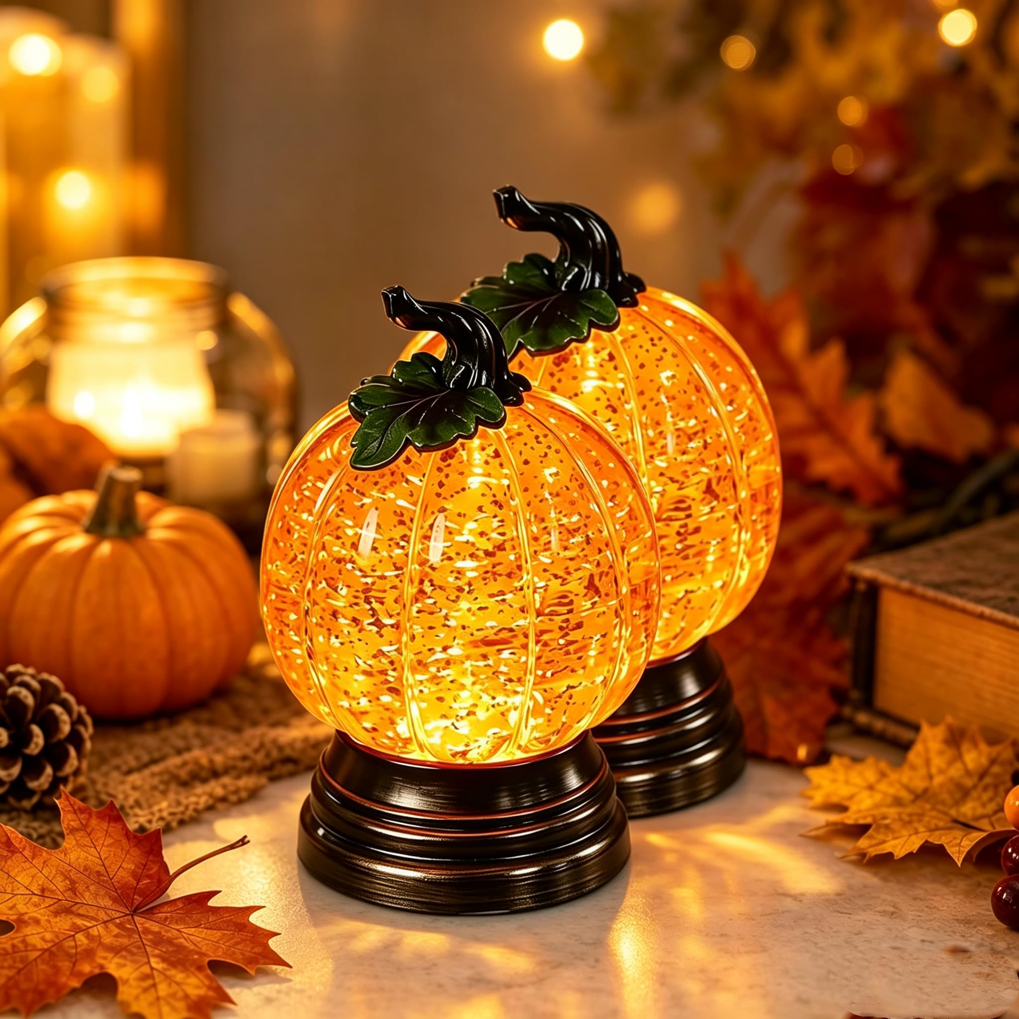 Glitter Lighted Pumpkin SnowGlobe, Halloween Glitters SnowGlobe with Warm Orange Led Light, Fall SnowsGlobes with Shimmering Glitter WaterGlobes Pumpkin, for Mantel Shelf Table Centerpiece