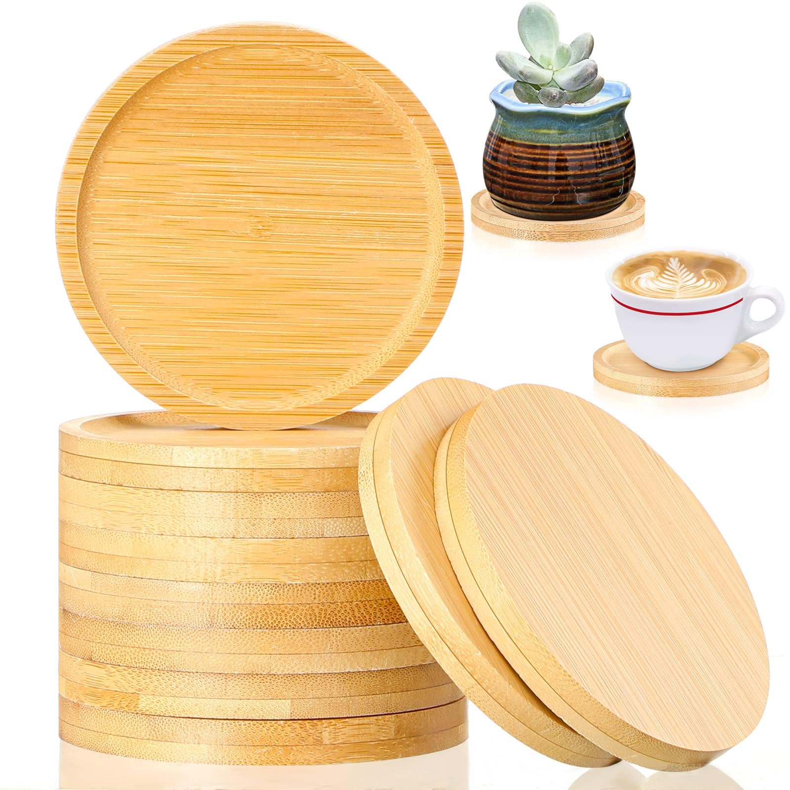 Patelai 20 Pcs Round Bamboo Coasters for Planters Small Plant Saucer 3.74 Inch Bamboo Planter Drink Saucer Trays DIY Resin Coasters Gifts Tabletop