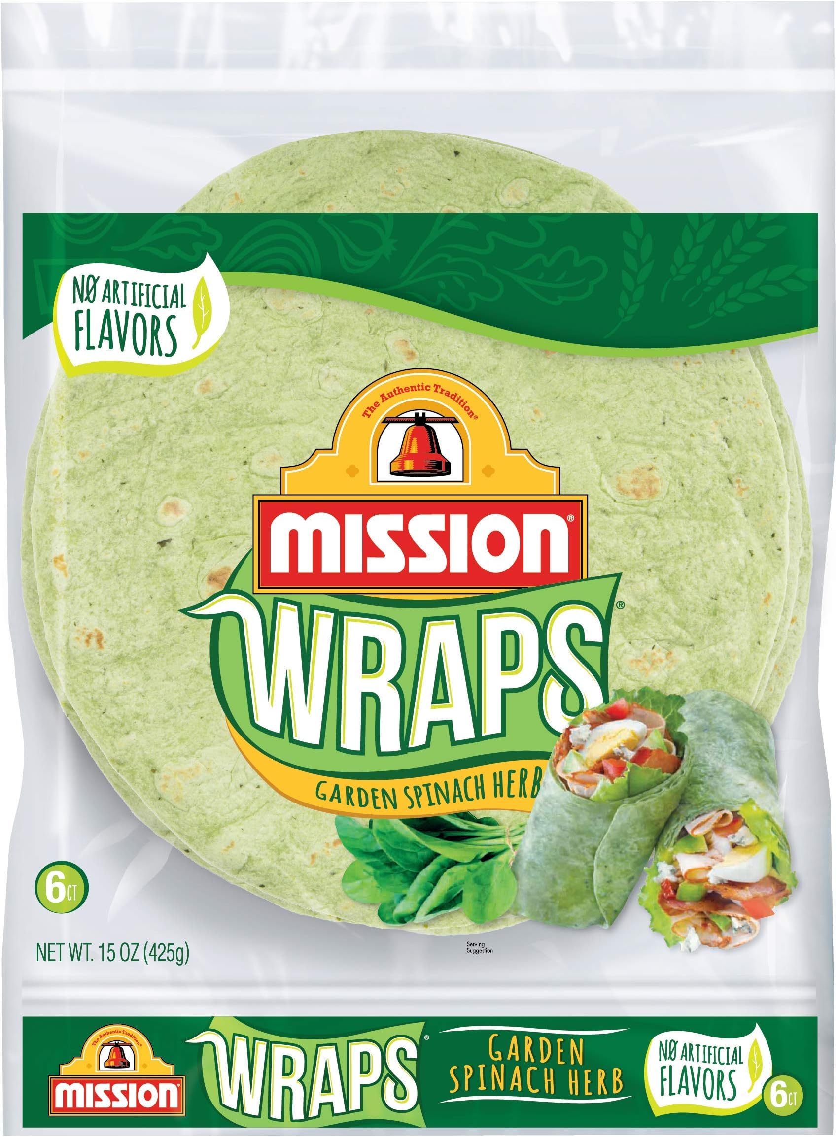 Mission Garden Spinach Herb Wraps, Soft Veggie Wraps, Trans Fat Free, 6 Count