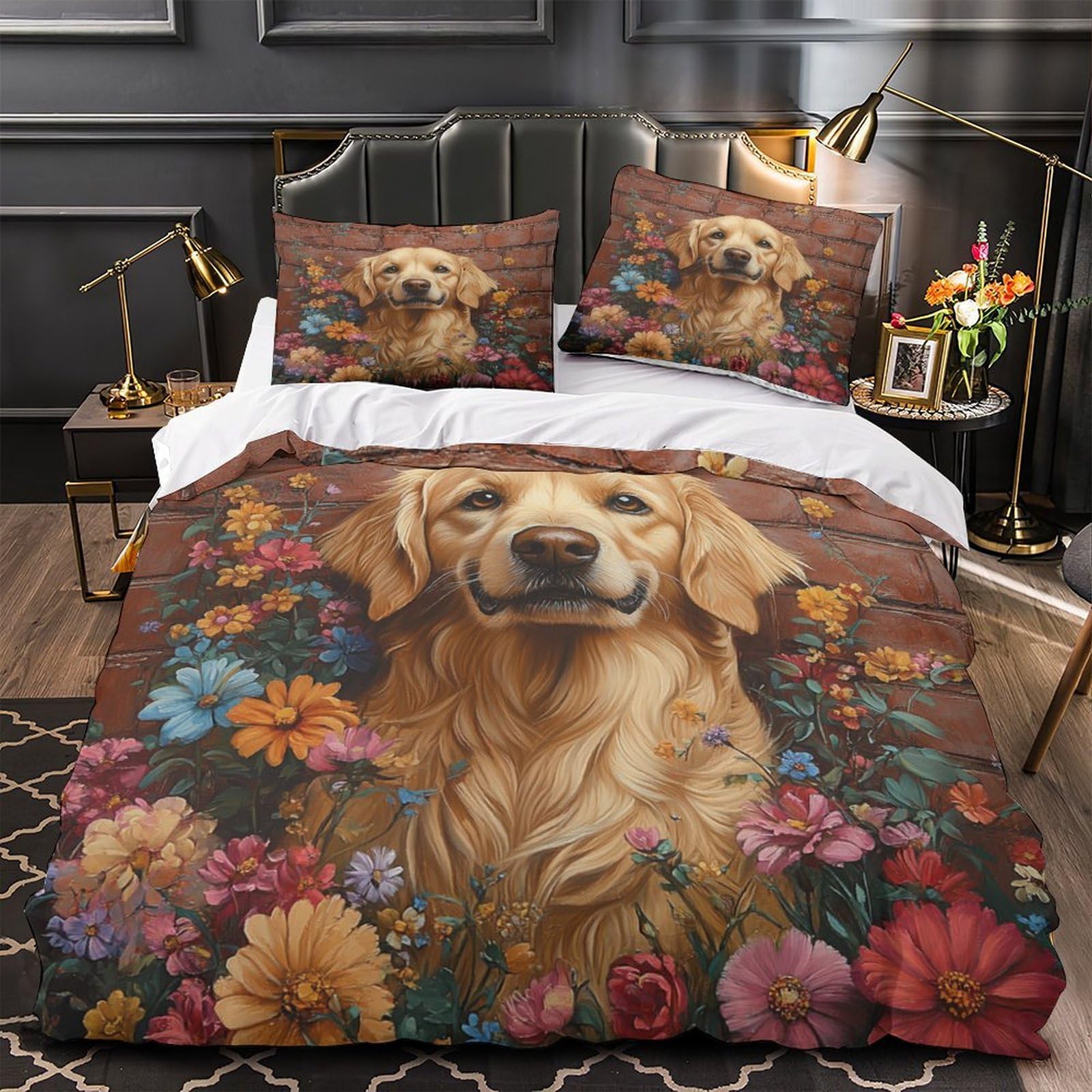 Drap de couette Golden Retriever 220x240cm floral en microfibre