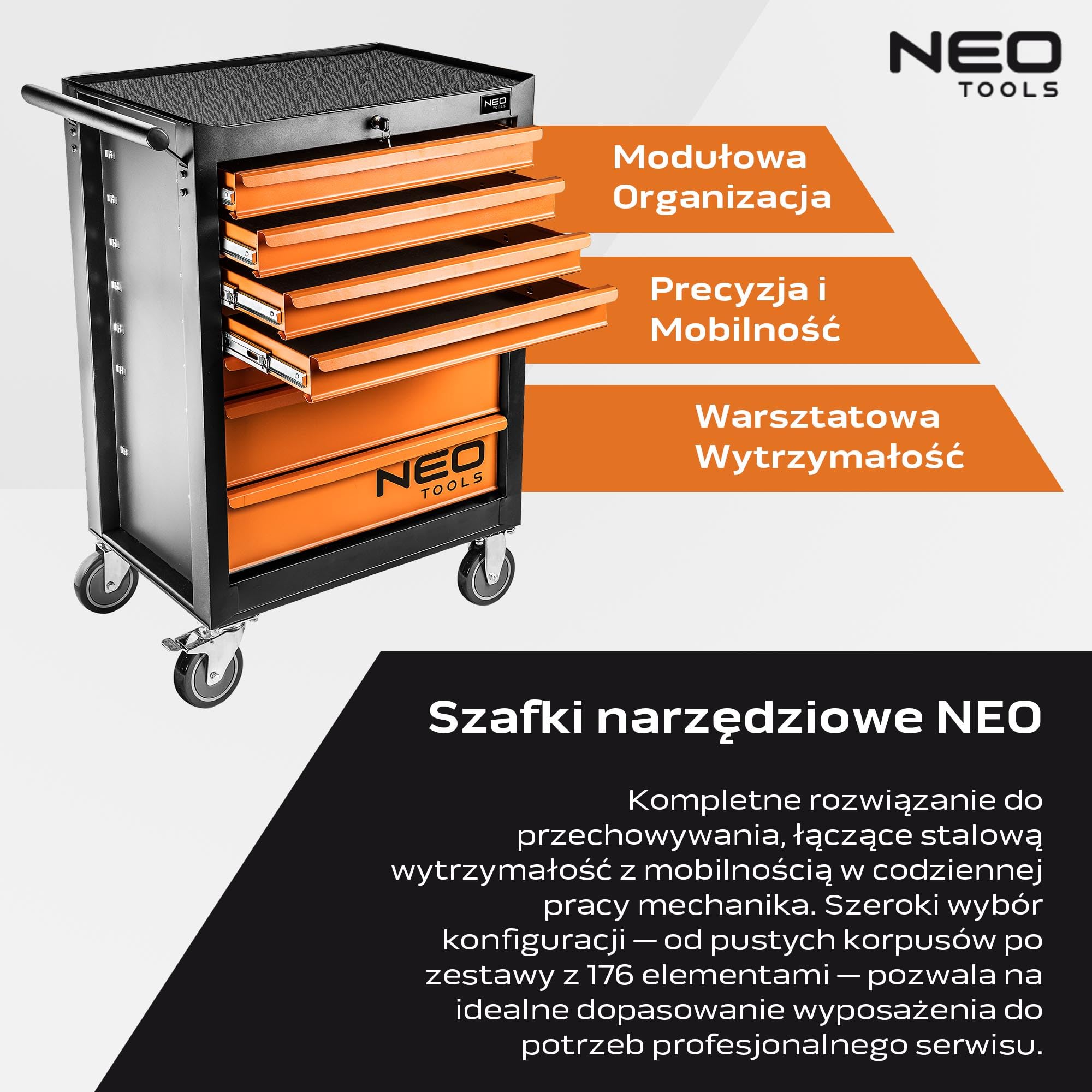 NEO TOOLS Wózek warsztatowy wypełniony narzędziami, 176-częściowy | 7 półek – szuflady z łożyskiem kulkowym – centralnie zamykany – mata antypoślizgowa – kółka obrotowe – hamulec postojowy – wózek