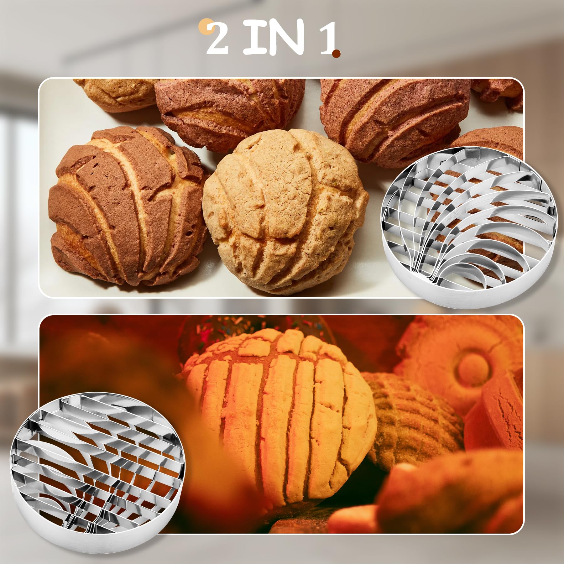 Cortador de concha, molde de pan mexicano de 4.29 pulgadas con 4 cortadores de galletas de cerdo, juego mexicano, sello de concha de acero inoxidable, cortador de pan de dos caras para moldes