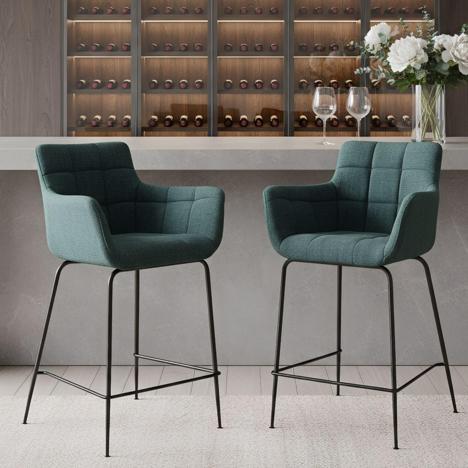 chairus Taburetes de Bar Juego de 2 con Reposabrazos Taburetes de Cocina de Tela Moderno Taburetes Altos de Mostrador con Reposapiés (Verde-2)