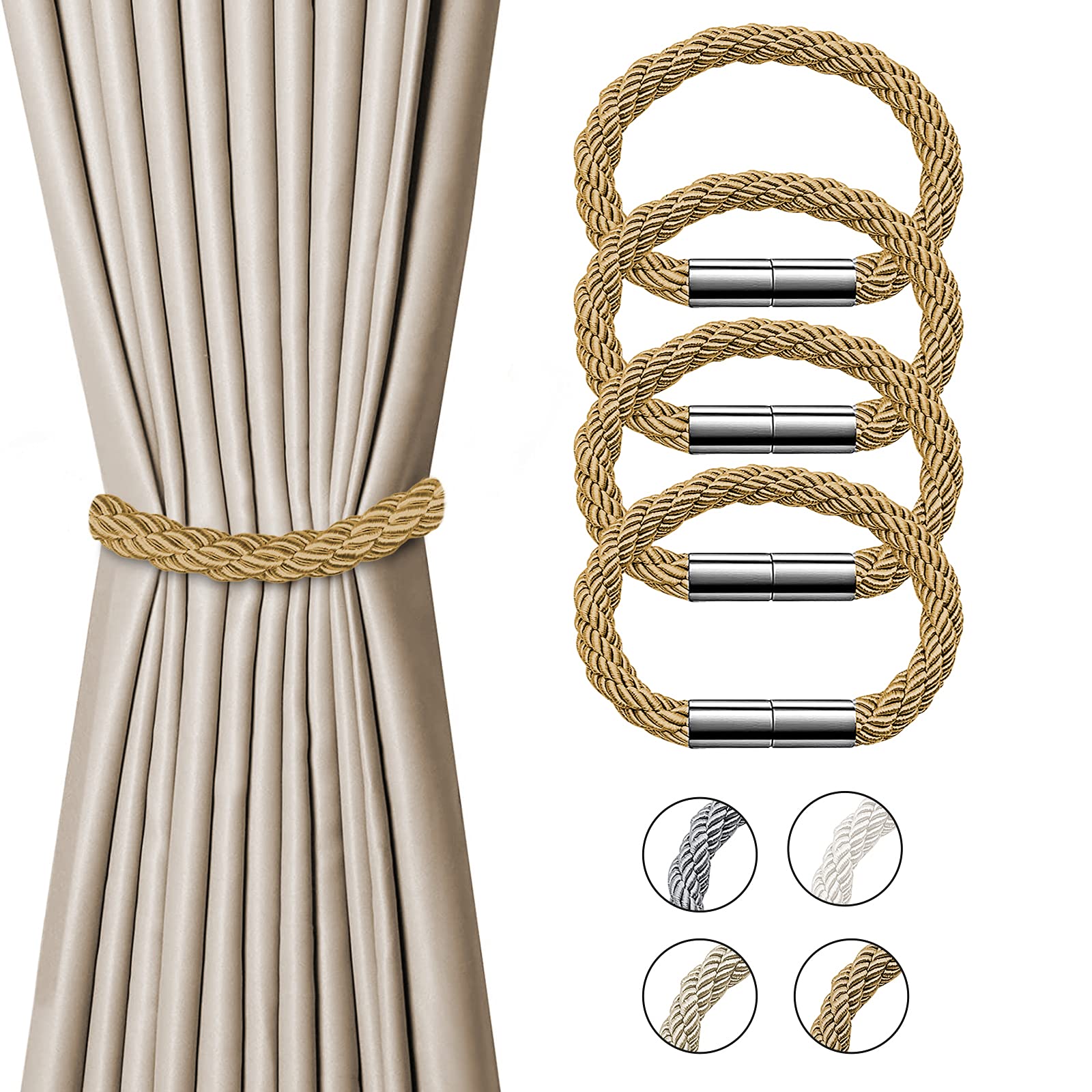 Magnetic Curtain Tiebacks 4 Pack, Modern Style Convenient Drape Tie Backs , Curtain Clips Drapery Holdbacks Decorative Weave Rope for Thin or Thick Home & Office Window Draperies (Gold)