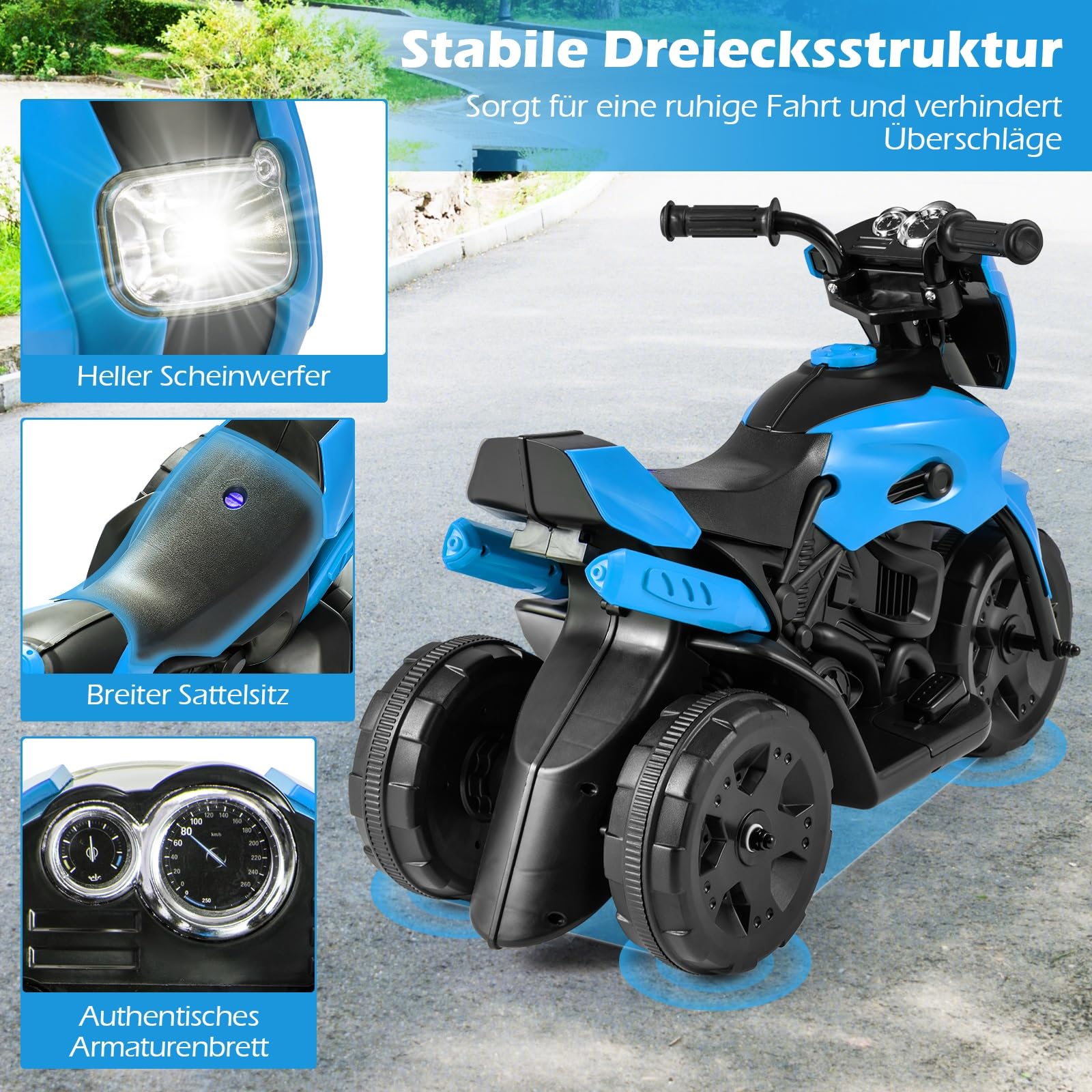 COSTWAY Kinder Elektro Motorrad, 6V Kindermotorrad elektrisch mit LED-Scheinwerfer & Fußpedal, 2-3 km/h, Dreirad Elektromotorrad für Jungen & Mädchen ab 3 Jahren (Blau)