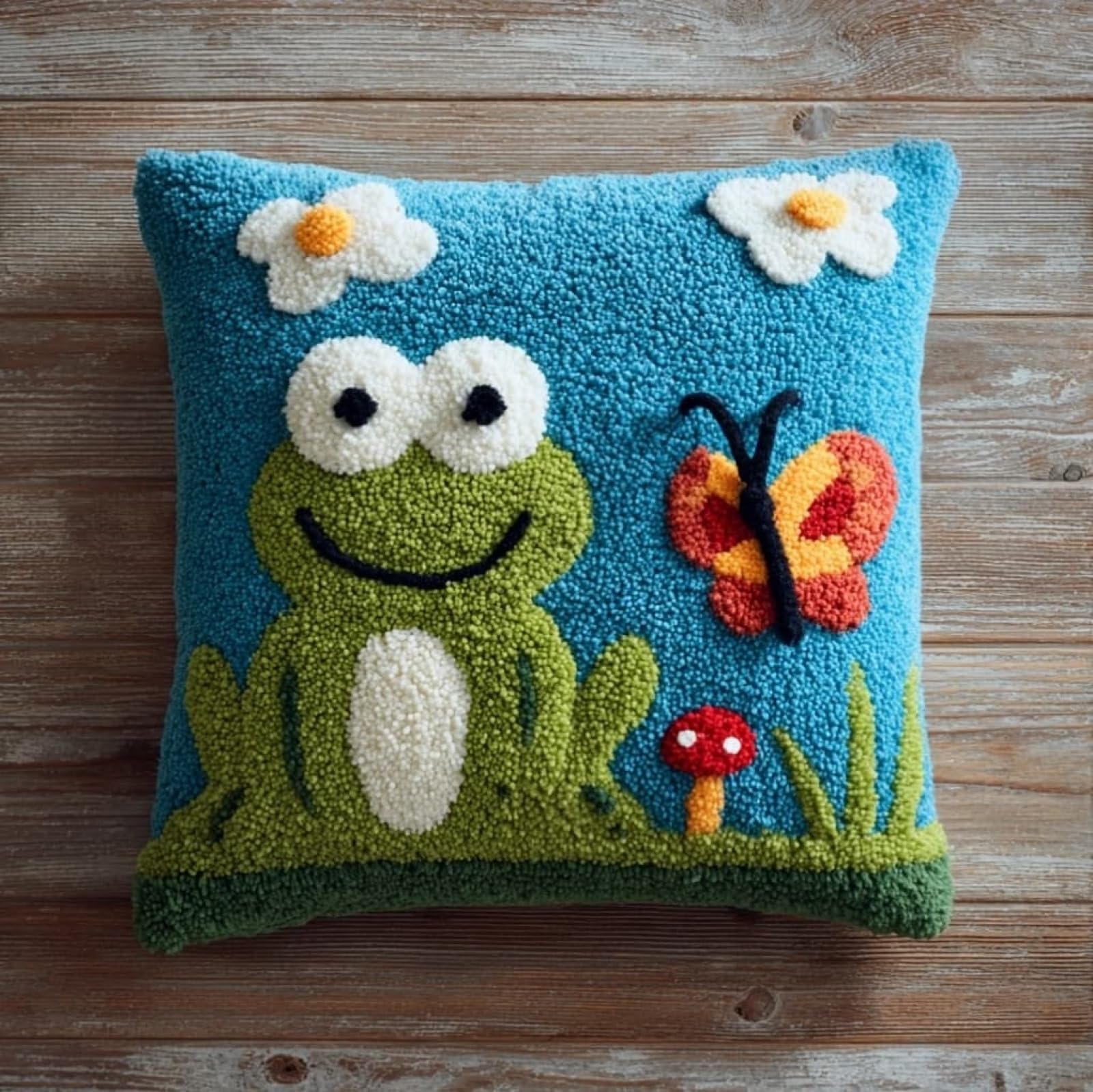 AxiangziK Latch Hook Cushion Kit 17x17 Inch,Frog and Butterfly DIY Pillow Cover Craft Set - Unique Home Decor Gift for Women/Men