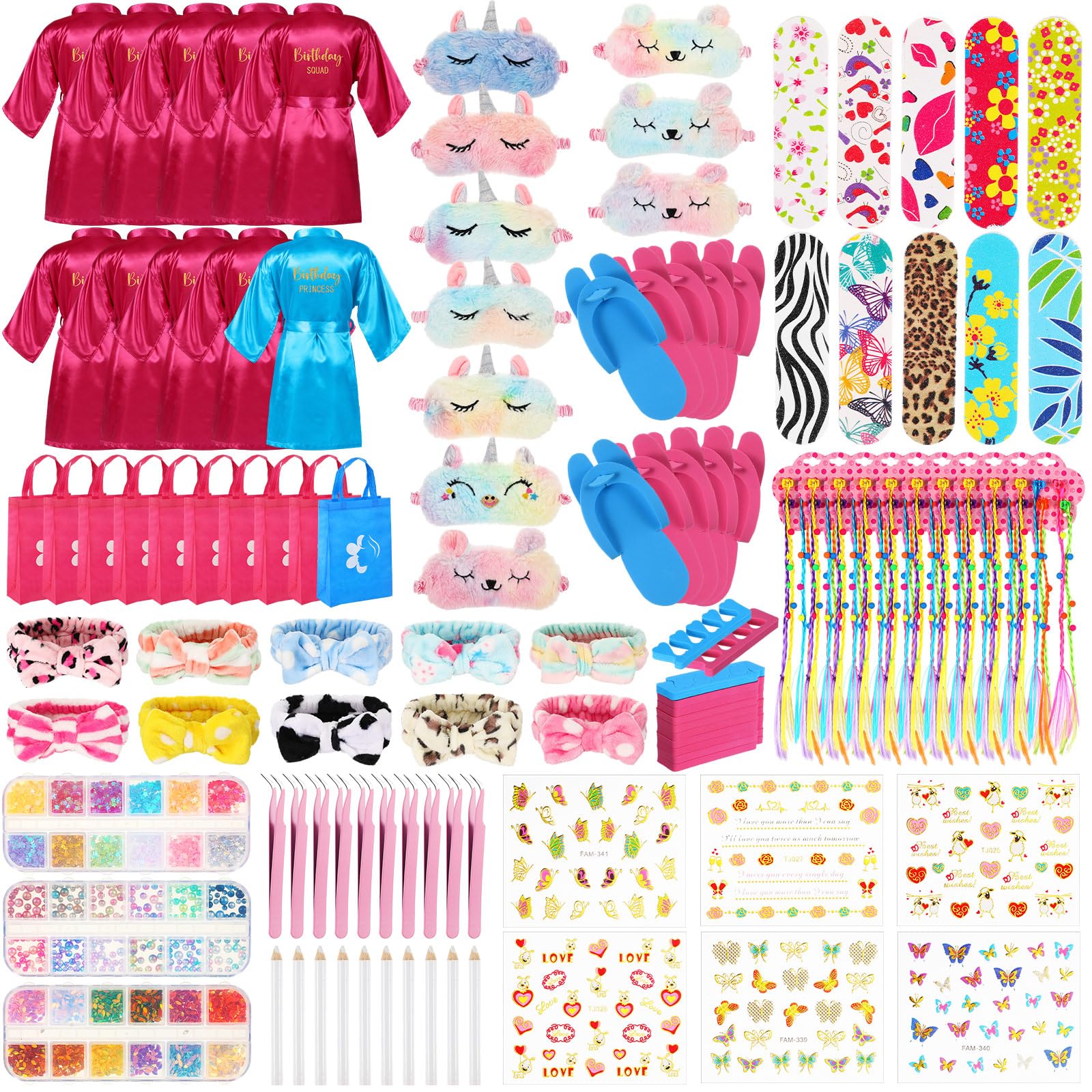 10 Sets Spa Birthady Party Supplies for Girls, Kids Satin Robes Nail Salon Kit Spa Kit Accessories for Party Favors(Blue, Rose Red)