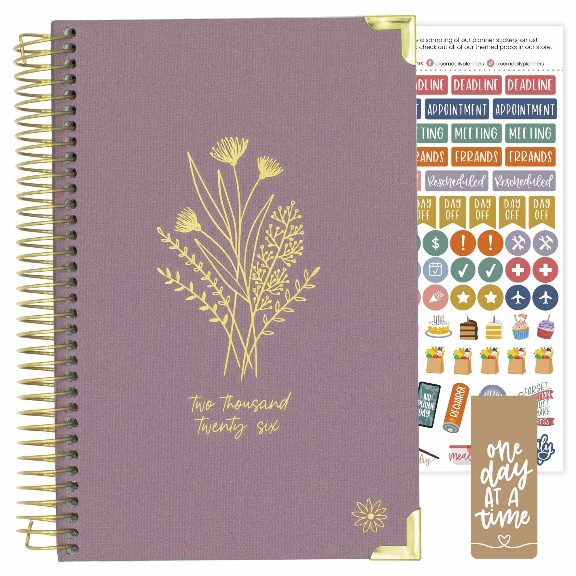 bloom daily planners HARDCOVER Planer 2026 (od stycznia do grudnia) - organizer do celów zadań A5, miesięczny i tygodniowy inspirujący plan, 14 cm x 21 cm, len, fioletowy