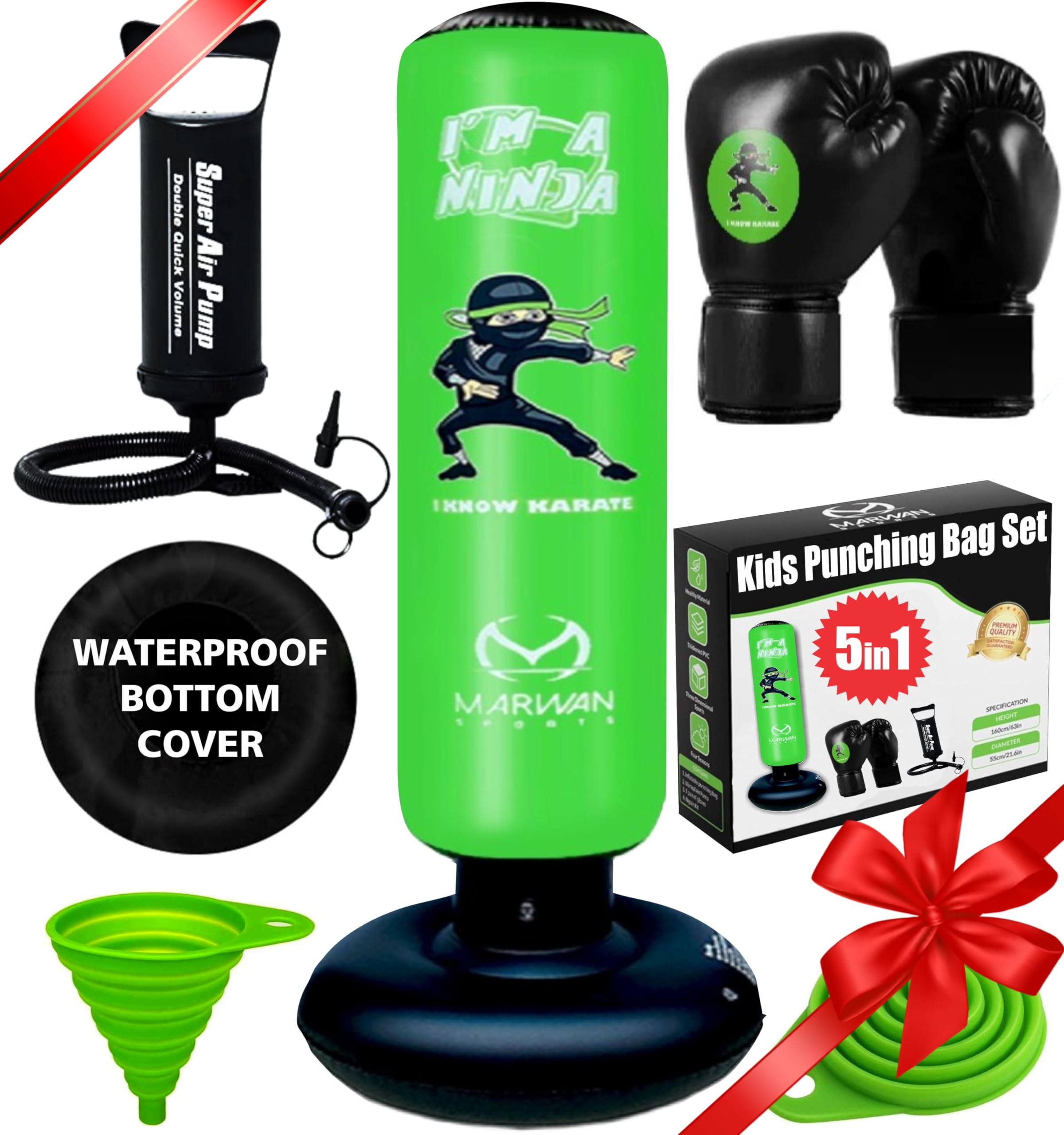 Marwan Sports 5-in-1 Inflatable Punching Bag for Kids – 63" Karate Toy Set with Boxing Gloves, Durable Fast Rebound, Active Play, Stress Relief Christmas/Birthday Gift for Boys & Girls Ages 4-12