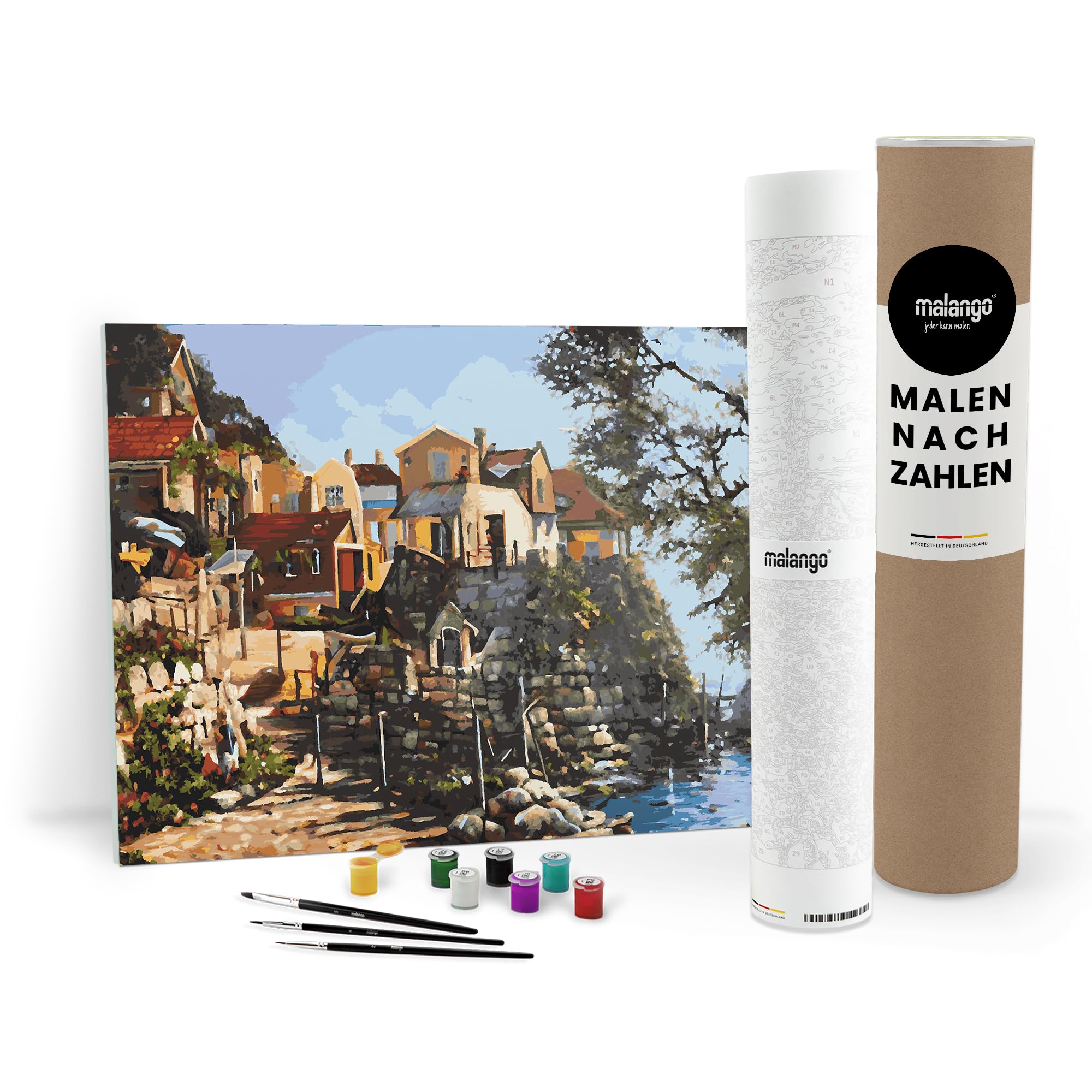 Malen nach Zahlen Erwachsene - Fischerdorf am Mittelmeer 90 x 60 cm groß XL Premium-Malset ohne Rahmen, Hergestellt in unserer Produktion in Deutschland, Kreative