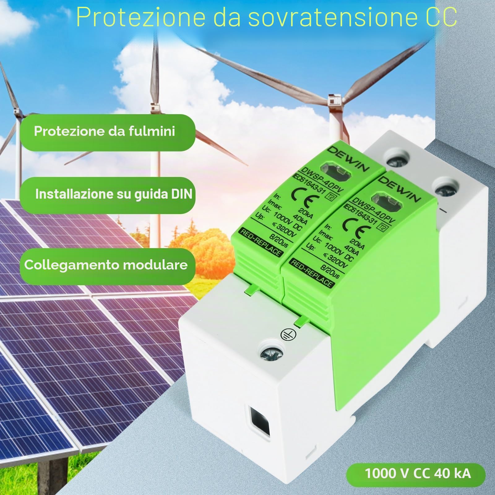 DEWIN Scaricatore di Sovratensione 2P 40KA DC 1000V Fotovoltaico Protezione Fulmini