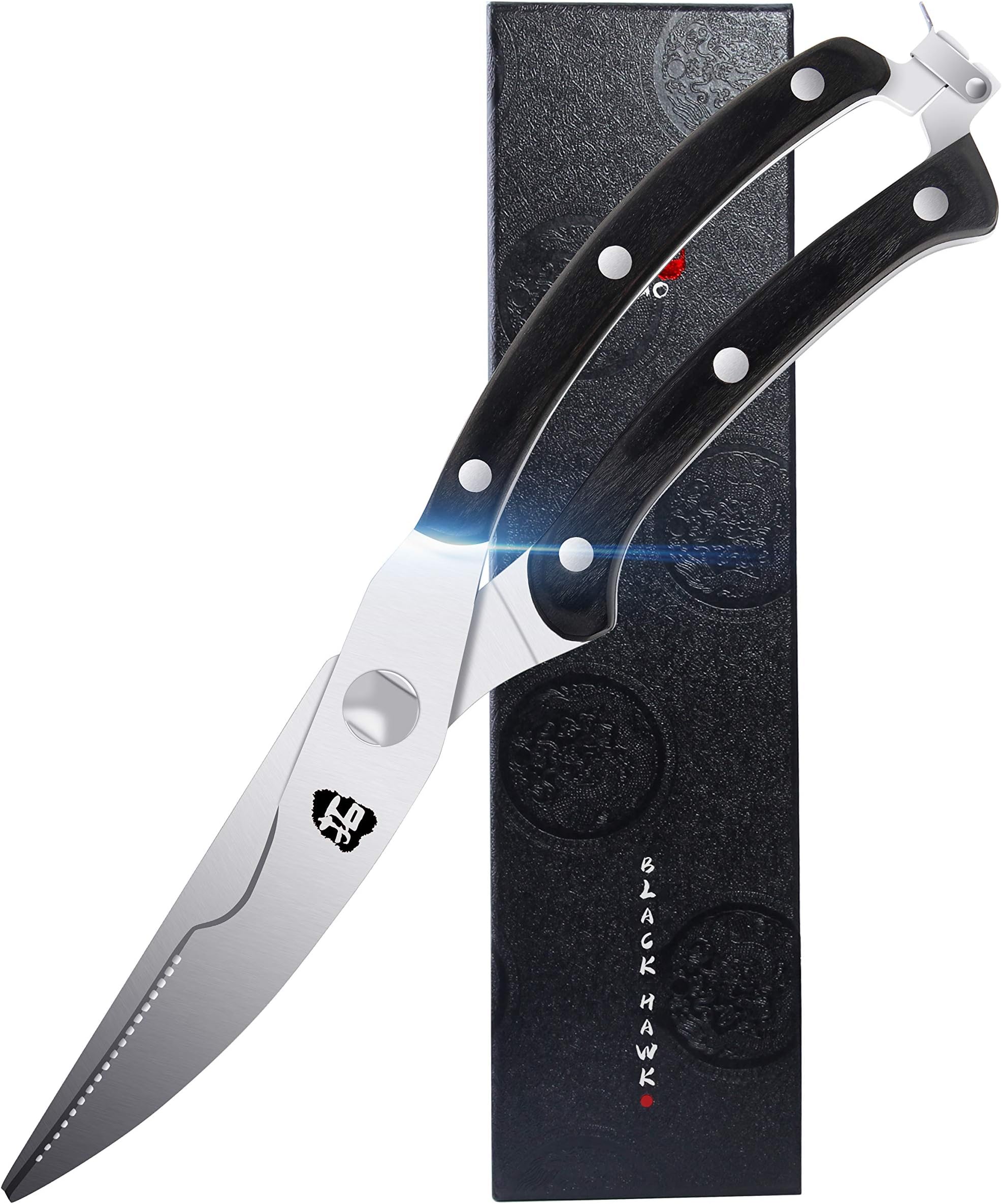TUO Kitchen Shears - Kithcen Heavy Duty Food Scissors Multi-functional Shears for Poultry Seafood Veggies - German Steel & Pakkawood Handle - Black Hawk Series with Gift Box